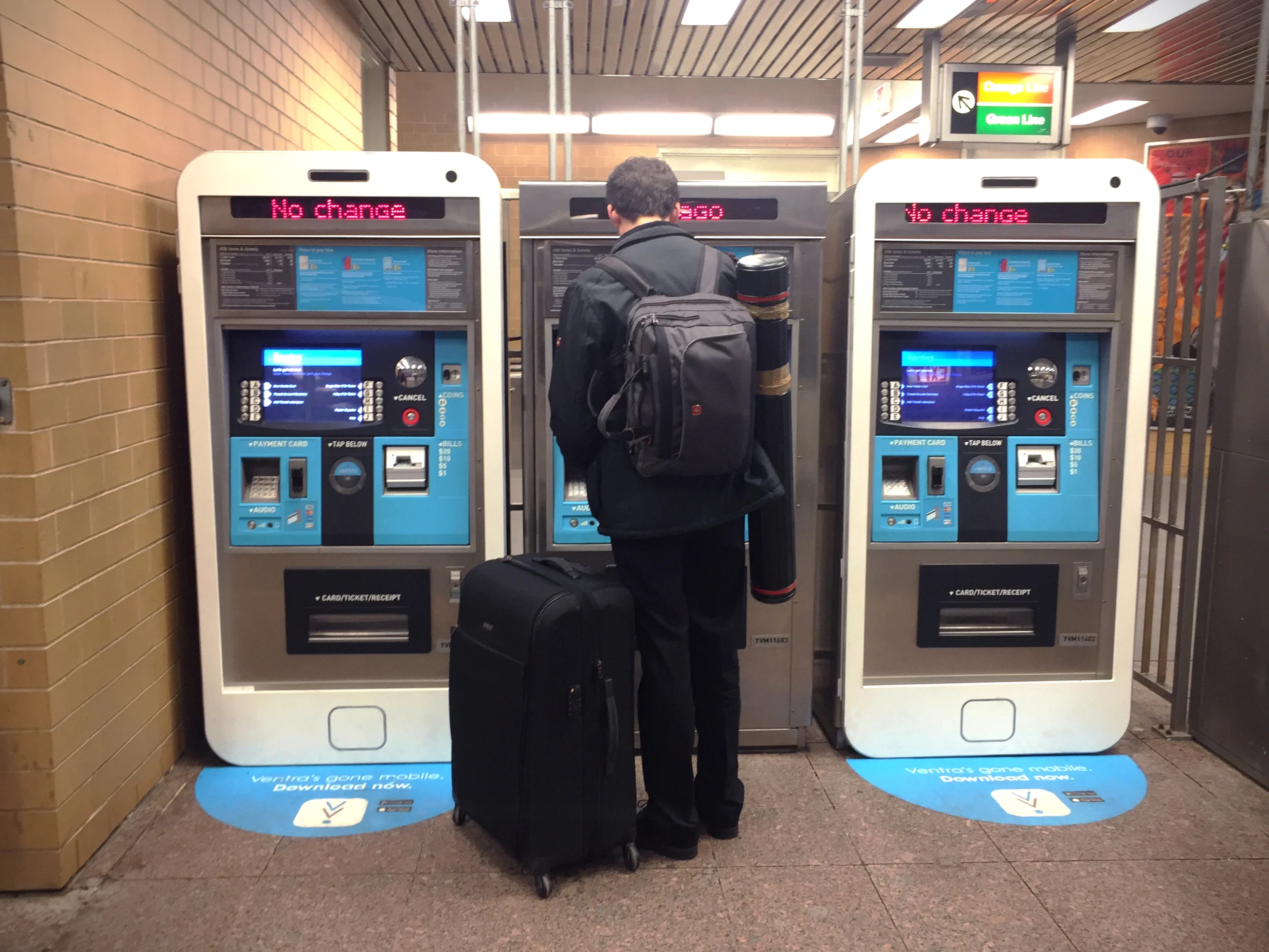 Phone wraps for Ventra machines to kick off the new Ventra App campaign. COPY on floor post: Ventra's gone mobile. Download now.