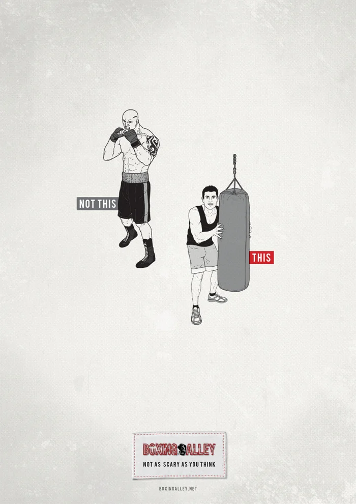 This simple print campaign was created on a shoe-string for the owner of the nearby boxing gym, who was having trouble convincing people they wouldn't get their heads smacked in on the first session. It was so successful for him that he had the graphics turned into giant decals that cover the entire building.