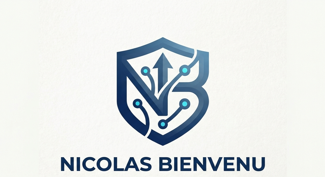 A tech-inspired shield logo with circuit lines and an upward arrow, accompanied by the text "Nicolas Bienvenu" beneath it.