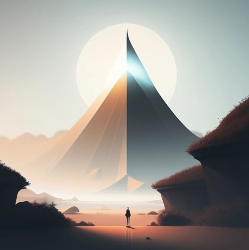 A lone person standing in front of massive, futuristic, mountain-like structures in a surreal, sci-fi landscape with a large glowing sun or moon in the background.