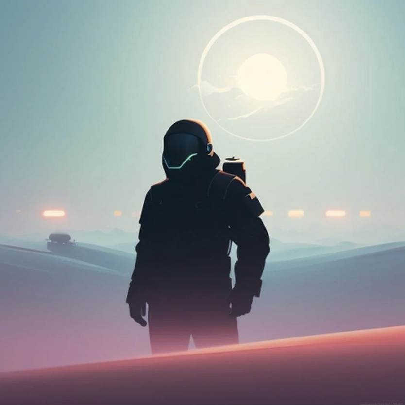 A silhouetted astronaut stands on a futuristic landscape with a large, glowing sun and a circular symbol in the sky.