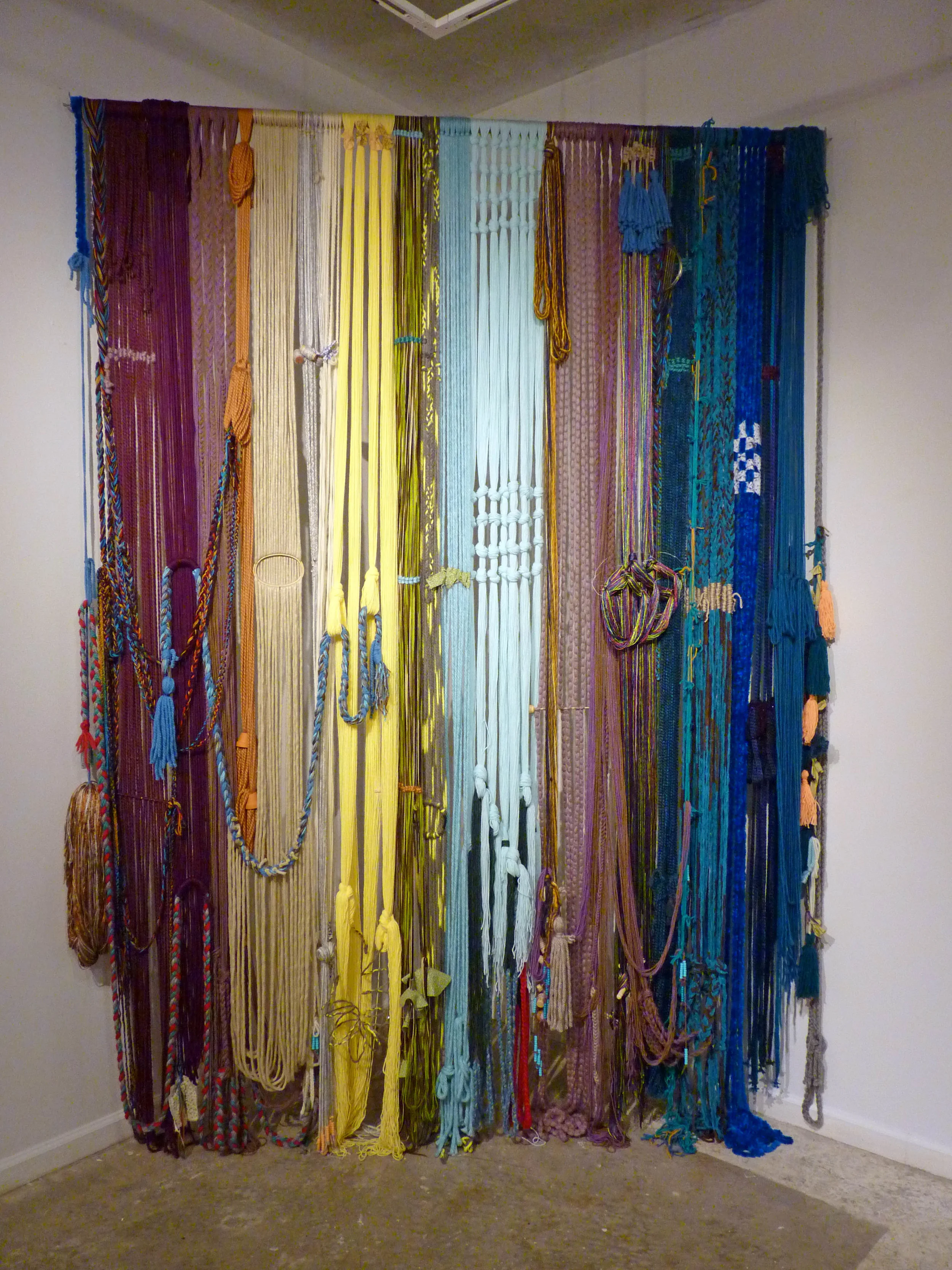 Teen Baleen (Corset), 2015, Yarn with fabric, wood and metal, 7' x 4' x 11'