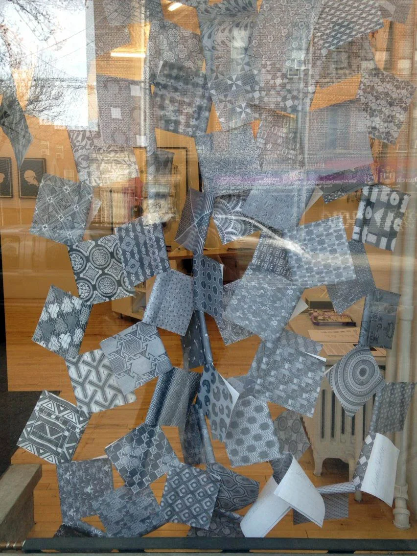 Stolen 276/365, 2015, Pen and pencil on paper with thread, yarn and metal, 219 units 6" x 8" each, overall dimensions variable (Detail)