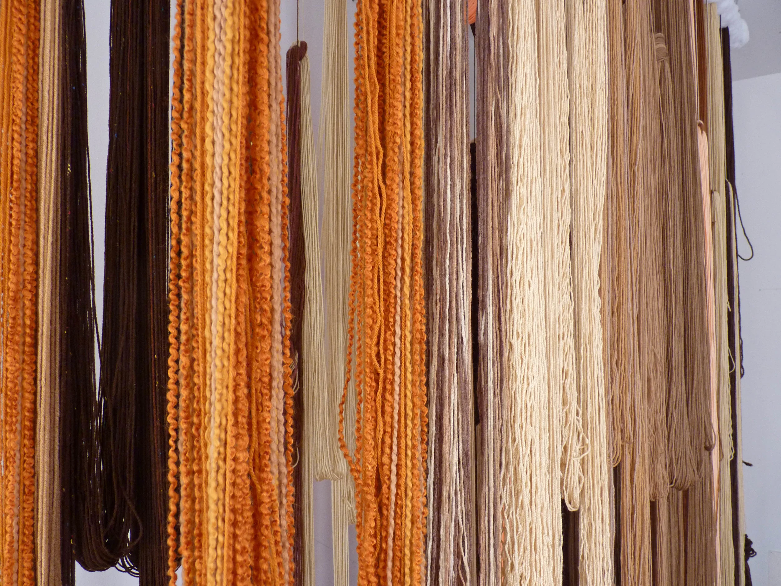 A Valence, 2012, Yarn, wood, poly-fil and hardware, 10 x 2 x 10 feet (Studio view detail)