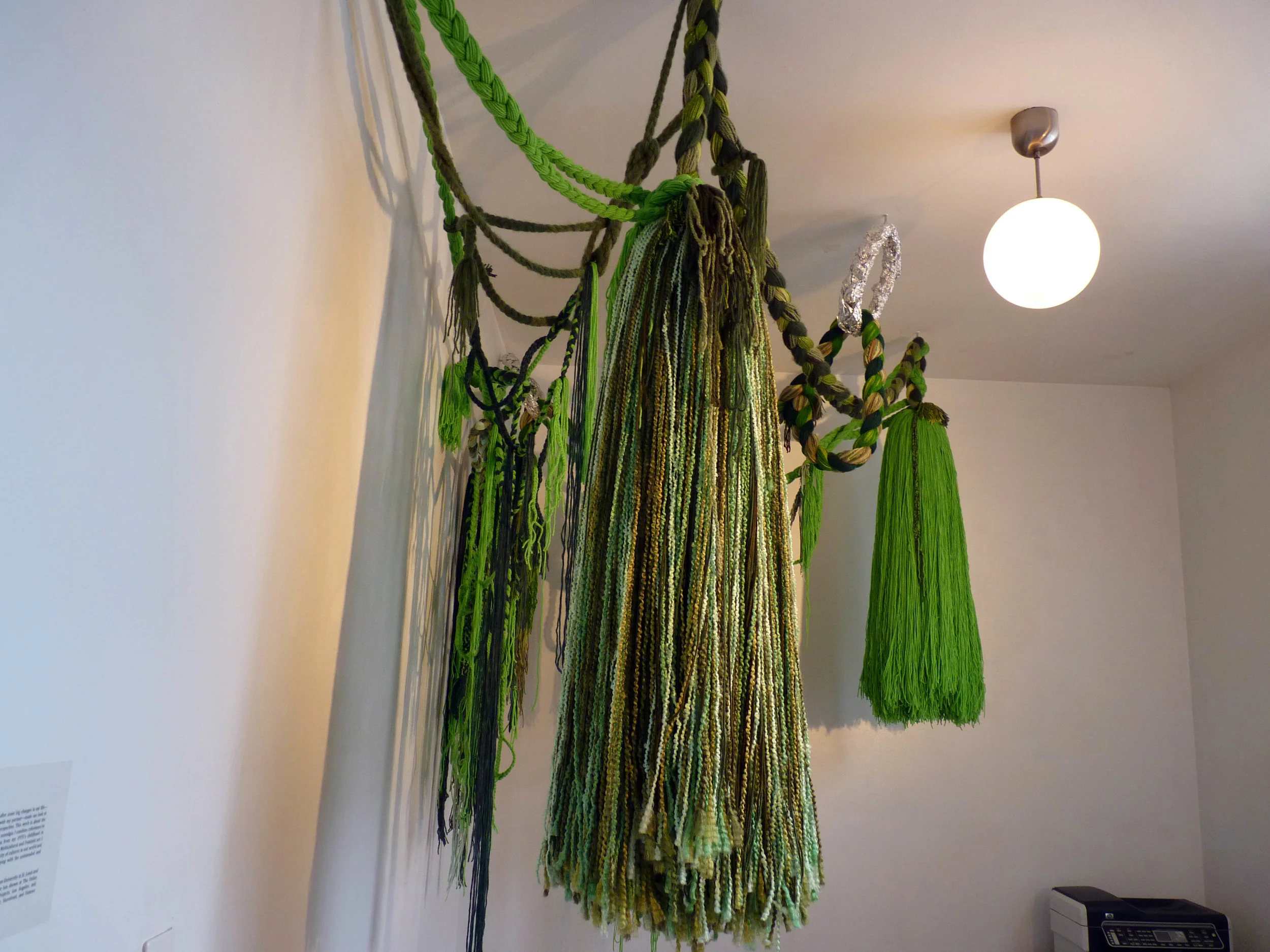 Green Piece. 2011, Acrylic yarn and tin foil, 7' x 8' x 9' (Installation commissioned by Norte Maar)