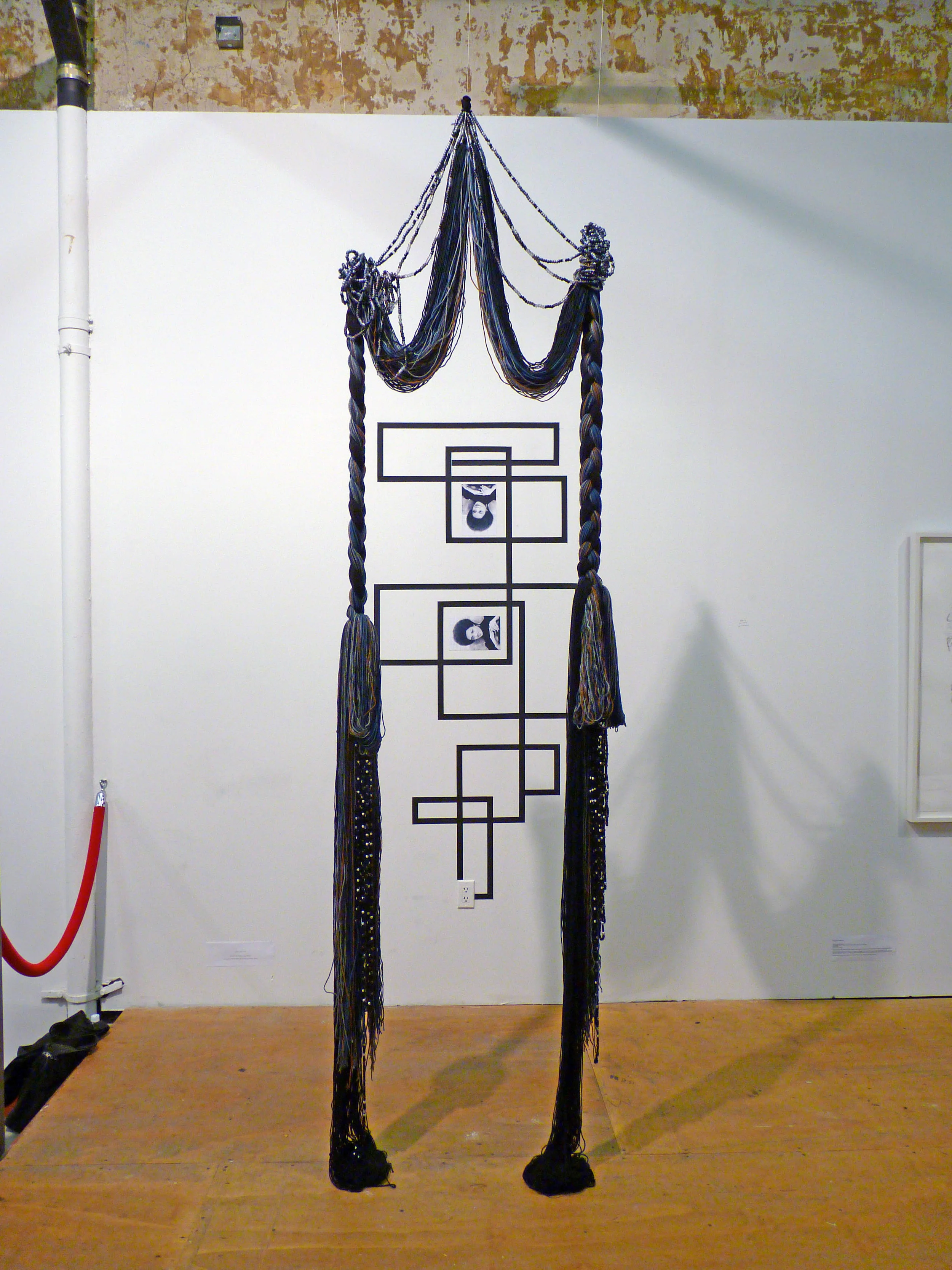 Rico Gatson and Ellie Murphy, Untitled 2010, Gaffers tape, inkjet prints, Acrylic and wool yarn, plastic pony beads, monofilament fishing line, 3' x 11' x 3' (Installtion from Collective Show)