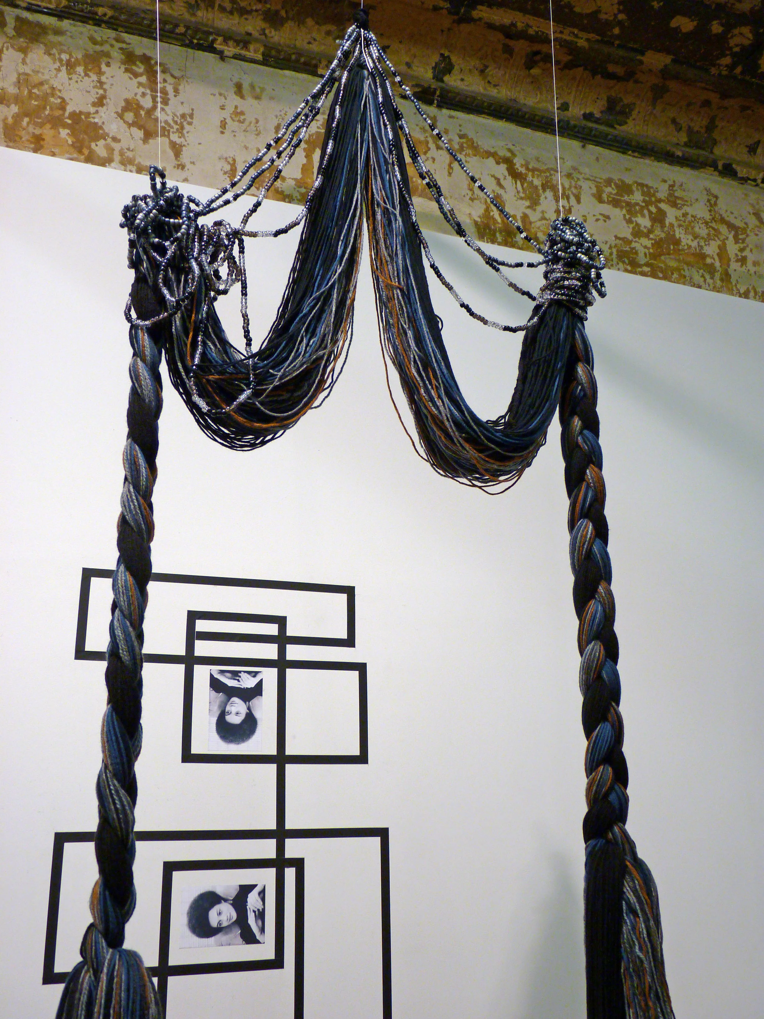 Rico Gatson and Ellie Murphy Untitled, 2010, Gaffers tape, inkjet prints, Acrylic and wool yarn, plastic pony beads, monofilament fishing line, 3' x 11' x 3' (Detail from Collective Show)