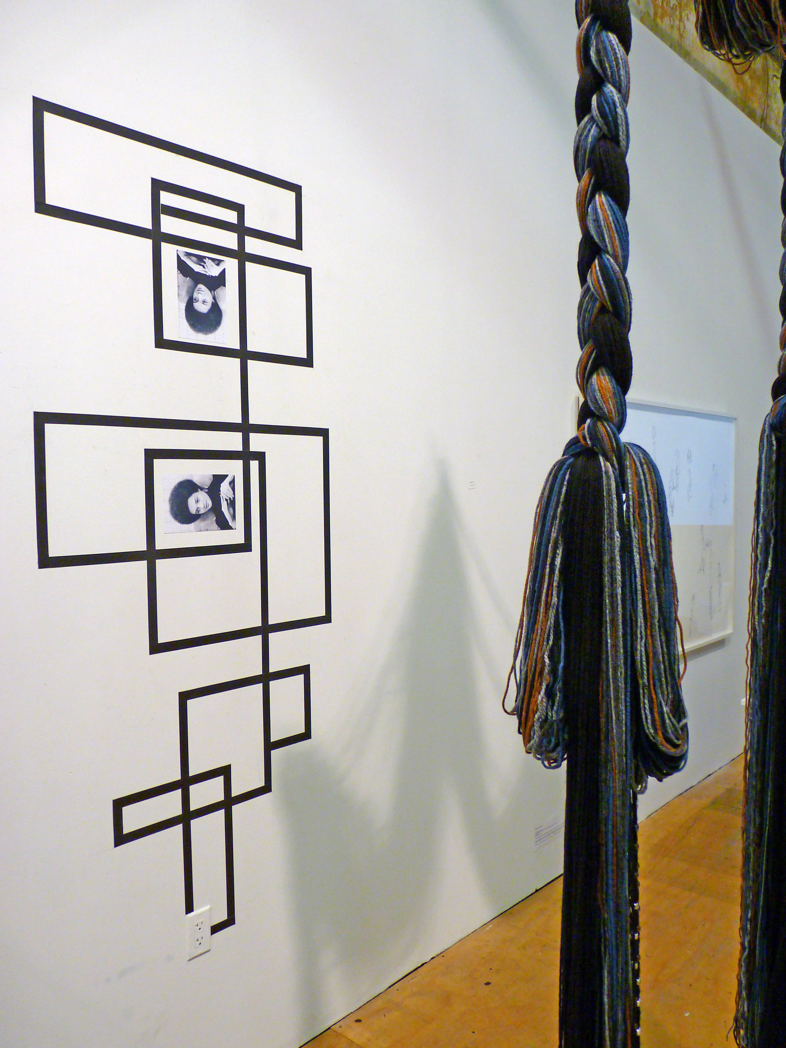 Rico Gatson and Ellie Murphy Untitled, 2010, Gaffers tape, inkjet prints, Acrylic and wool yarn, plastic pony beads, monofilament fishing line, 3' x 11' x 3' (Detail from Collective Show)