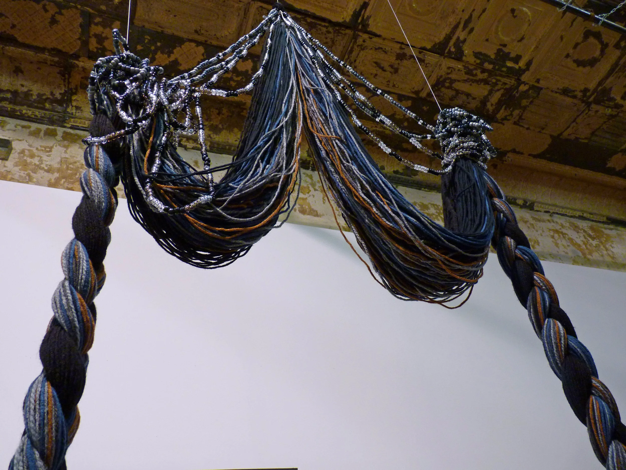 Rico Gatson and Ellie Murphy Untitled, 2010, Gaffers tape, inkjet prints, Acrylic and wool yarn, plastic pony beads, monofilament fishing line, 3' x 11' x 3' (Detail from Collective Show)