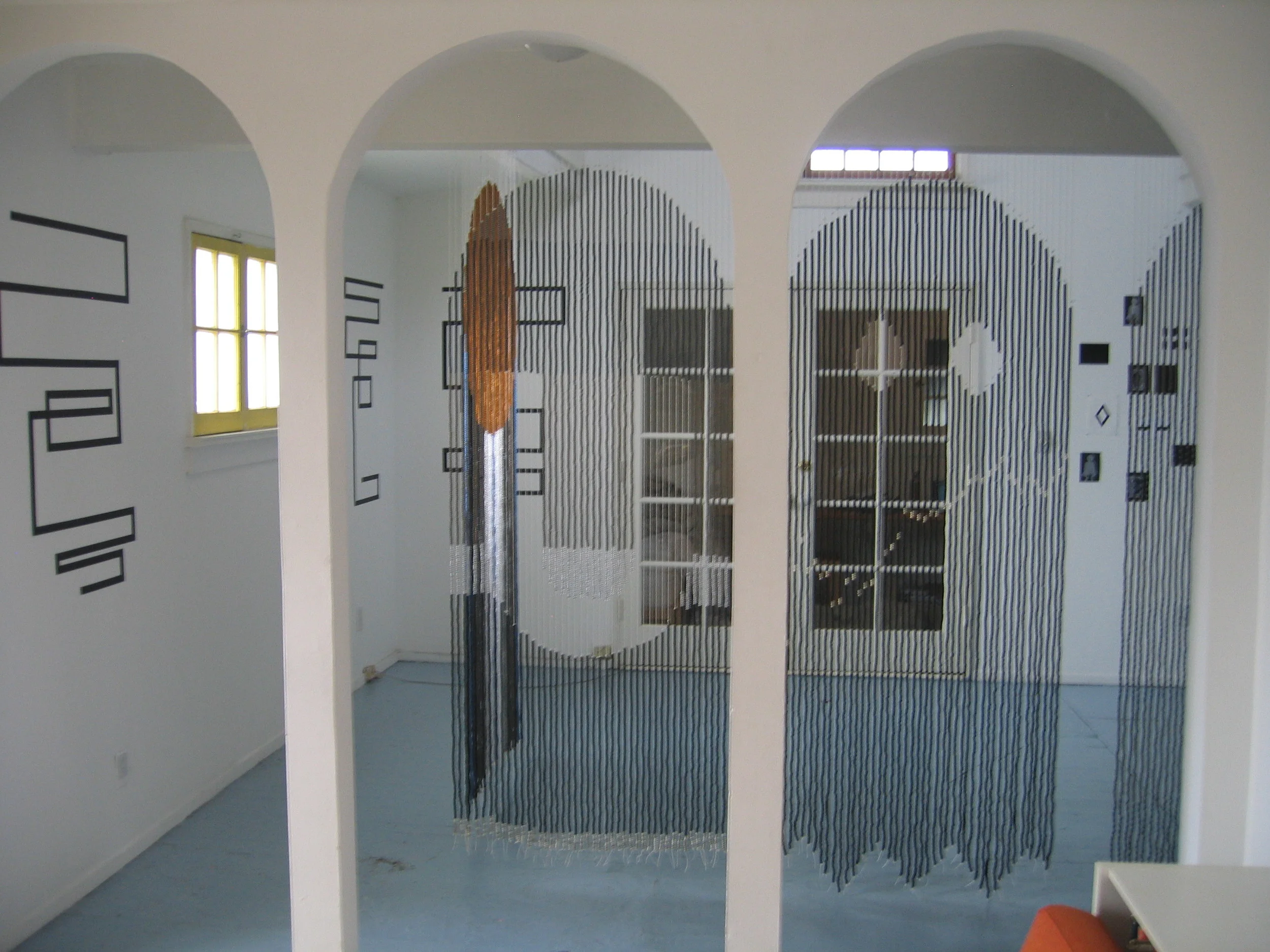 Rico Gatson and Ellie Murphy, Pac Man at ACP, 2009, Beads, nylon, wood, hardware, Gaffers tape, paper, paint, pencil, glitter and images, 5 curtains, each 30 x 80" (Installation dimensions variable)