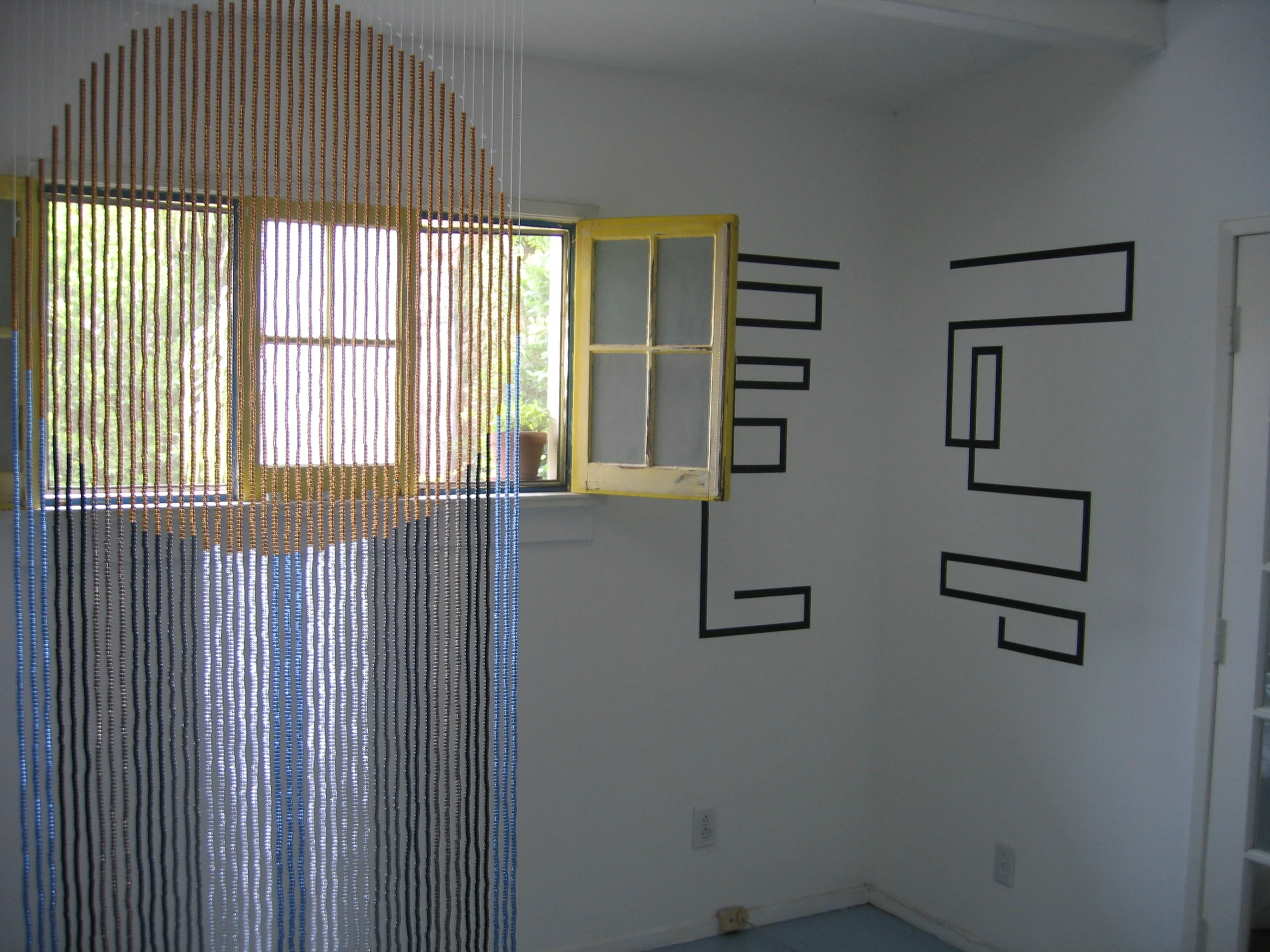 Rico Gatson and Ellie Murphy, Pac Man at ACP, 2009, Beads, nylon, wood, hardware, Gaffers tape, paper, paint, pencil, glitter and images, 5 curtains, each 30 x 80" (Installation detail)