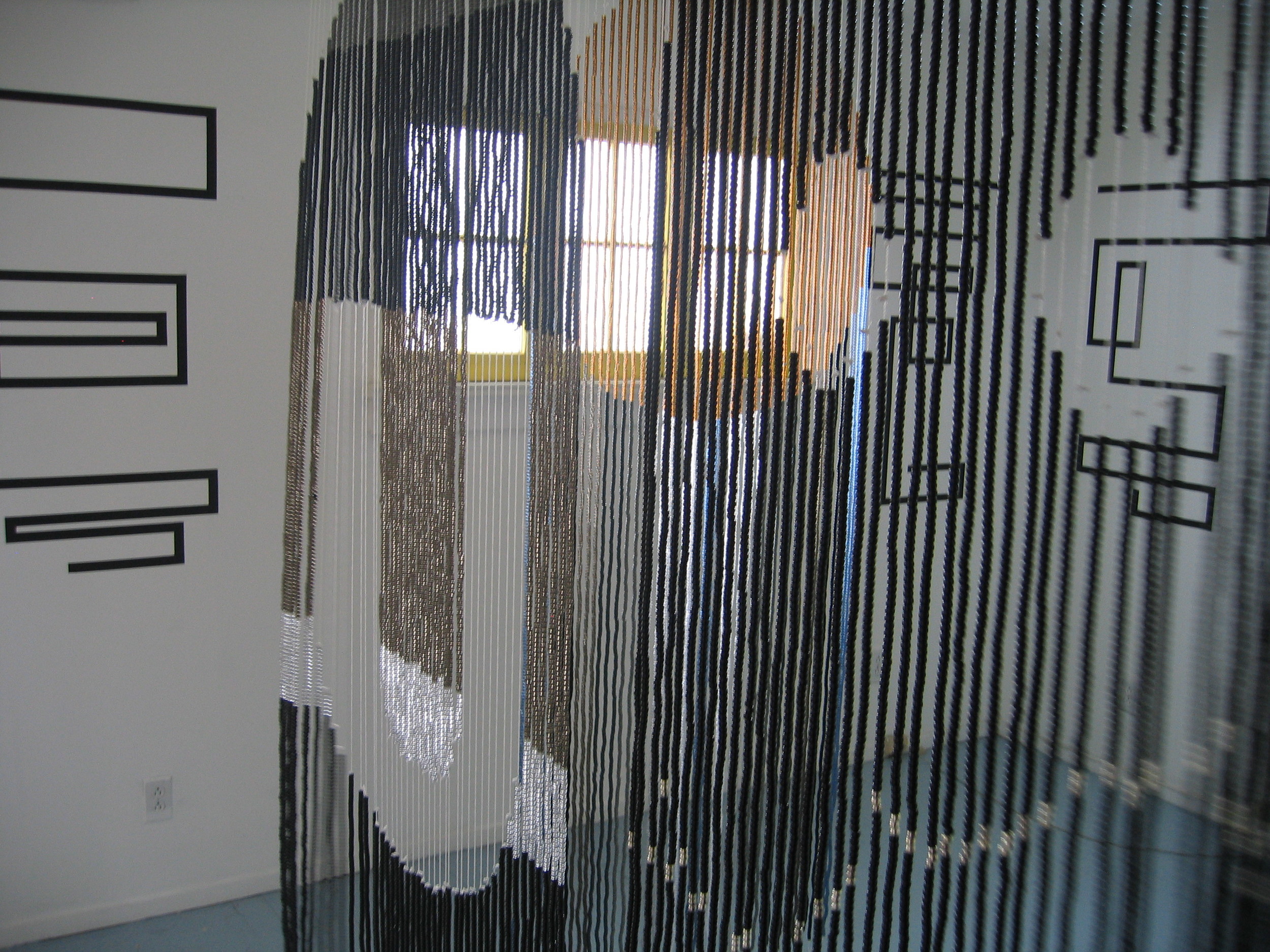 Rico Gatson and Ellie Murphy, Pac Man at ACP, 2009, Beads, nylon, wood, hardware, Gaffers tape, paper, paint, pencil, glitter and images, 5 curtains, each 30 x 80" (Installation detail)