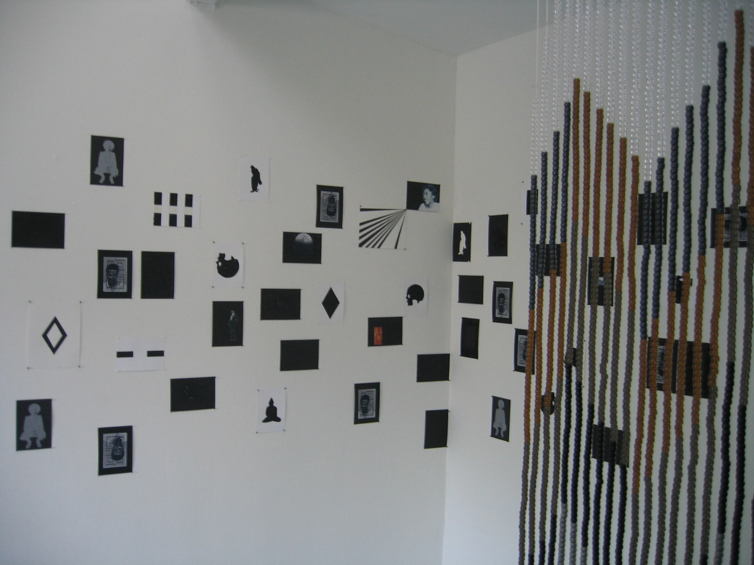 Rico Gatson and Ellie Murphy, Pac Man at ACP, 2009, Beads, nylon, wood, hardware, Gaffers tape, paper, paint, pencil, glitter and images, 5 curtains, each 30 x 80" (Installation detail)