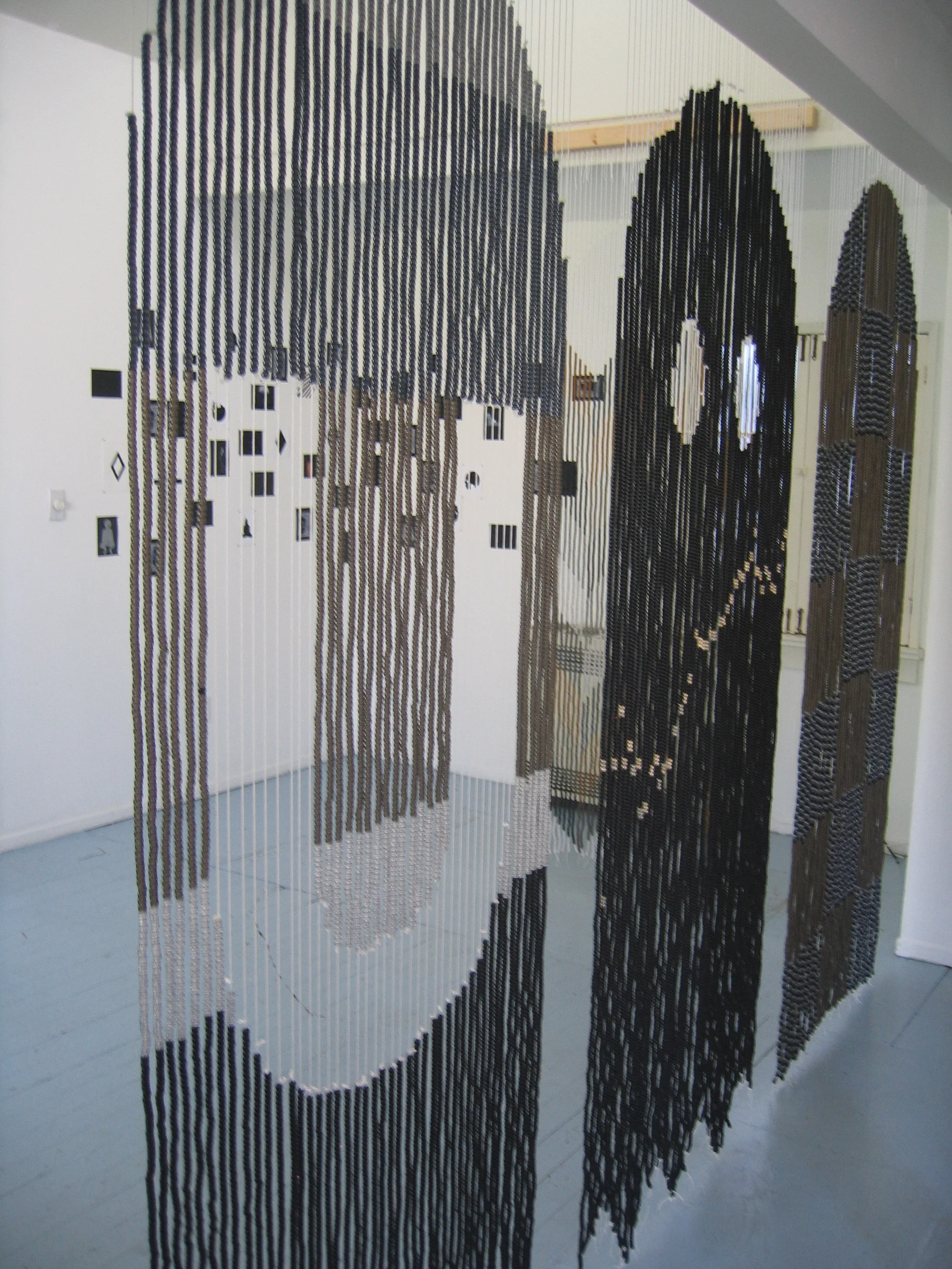 Rico Gatson and Ellie Murphy, Pac Man at ACP, 2009, Beads, nylon, wood, hardware, Gaffers tape, paper, paint, pencil, glitter and images, 5 curtains, each 30 x 80" (Installation detail)