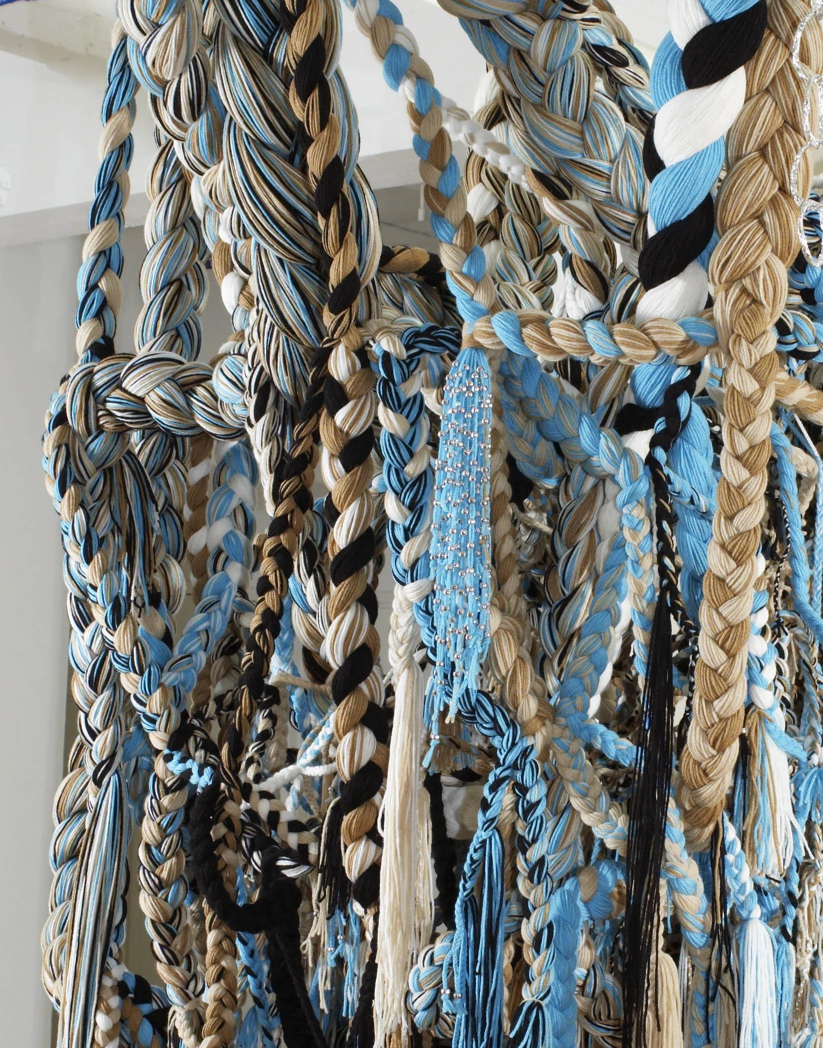 SQUASHblossom, 2007, Acrylic yarn, beads, tin foil, 5 x 6 x 7 feet (Detail)