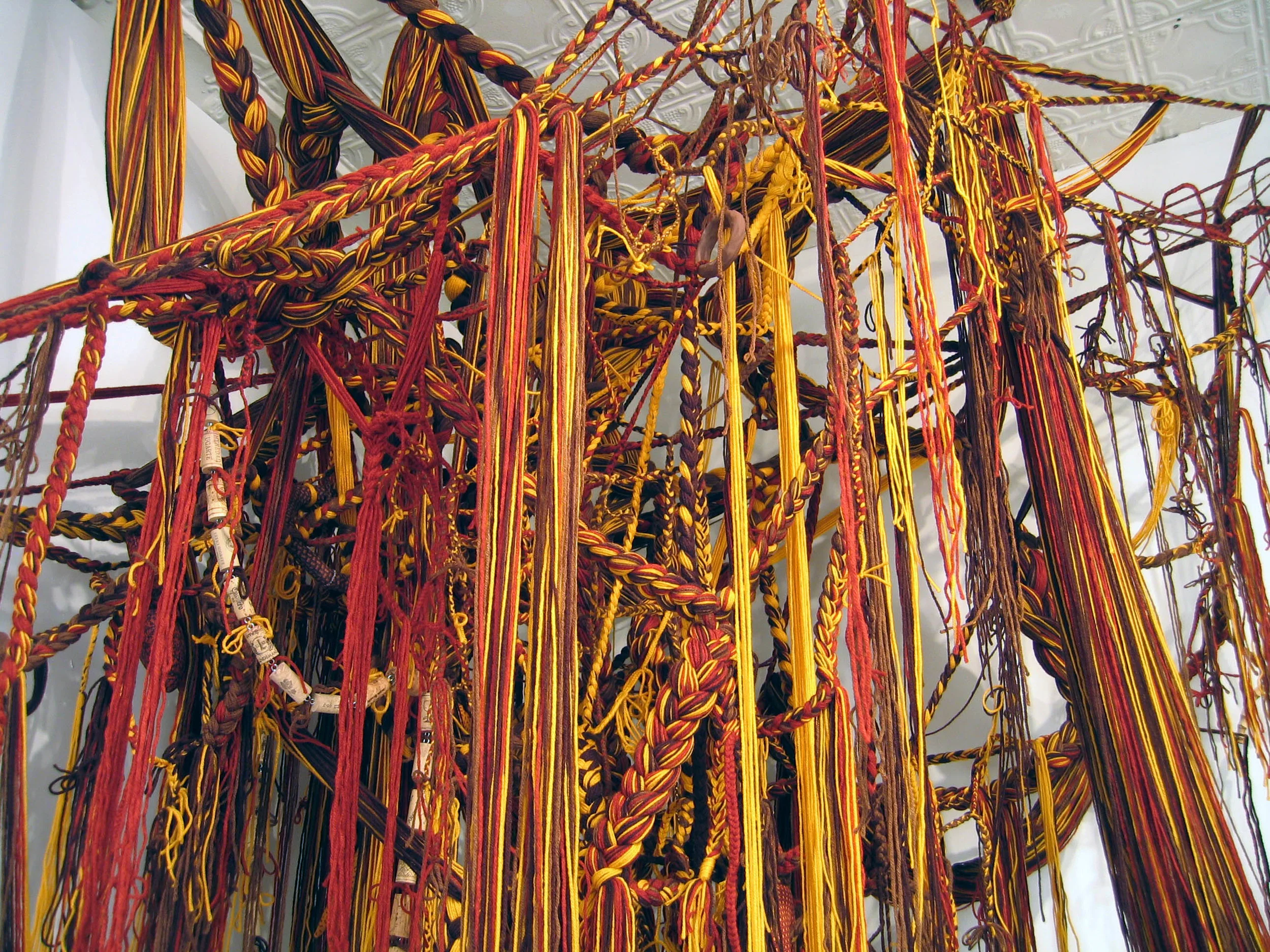 Indian Corn, 2007, Acrylic yarn, clay, cork, fabric, bamboo and cans, 7 x 6 x 11 feet (Detail)
