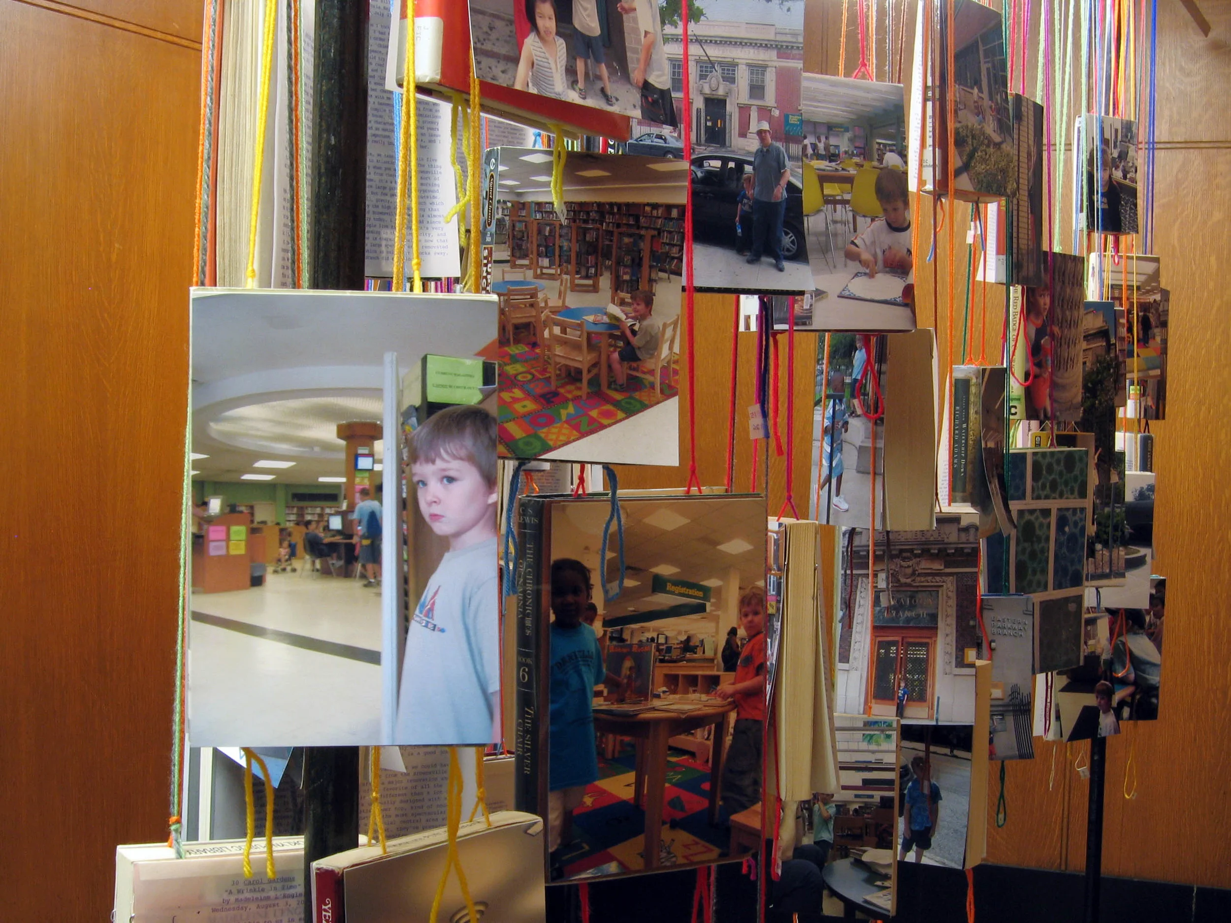 bioGRAPHY: A Site Specific Project for the Brooklyn Public Library, 2005, 60 library books, paper, photo, yarn, tape and metal, 7 x 4 x 11' (Detail)