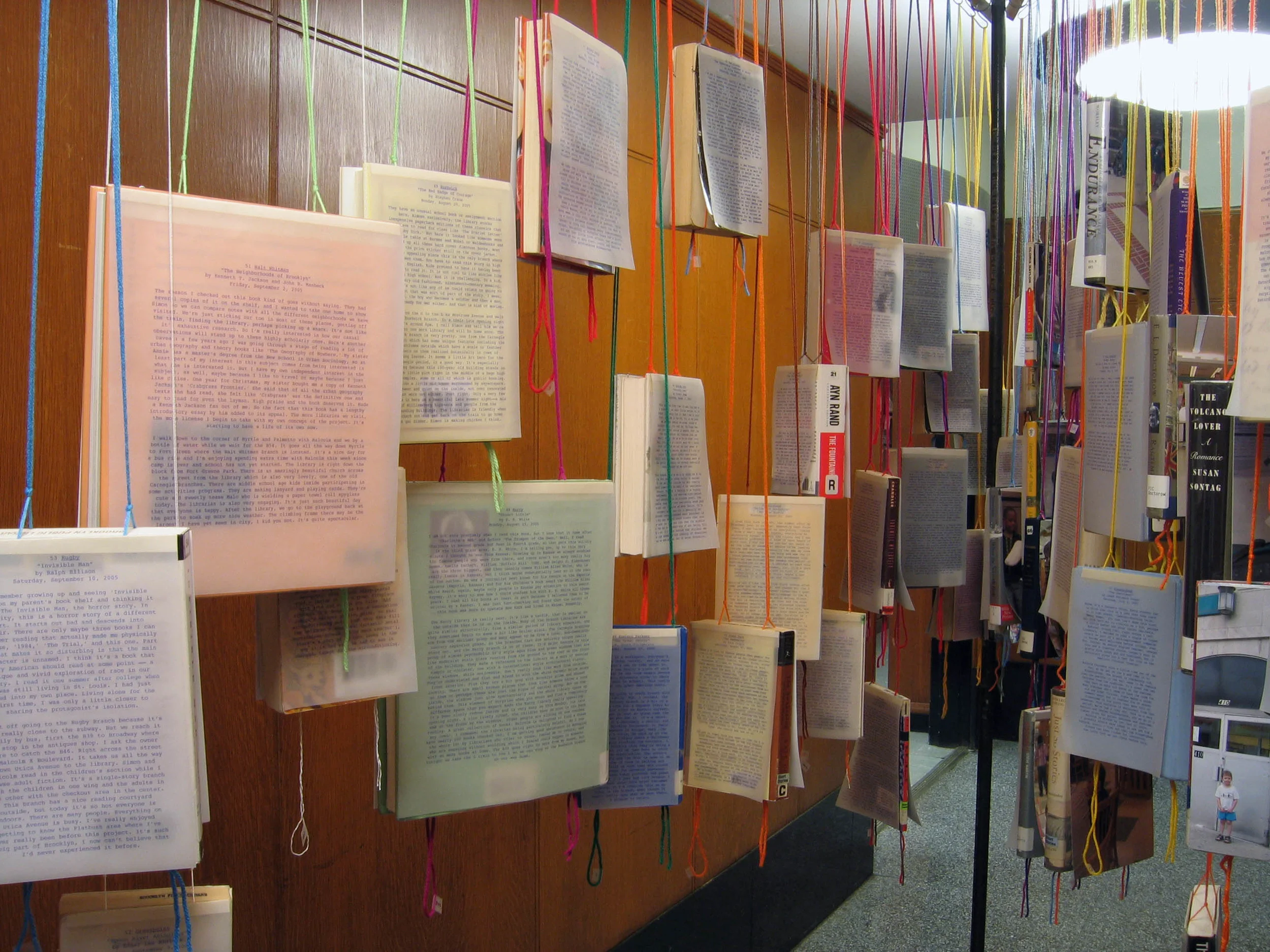 bioGRAPHY: A Site Specific Project for the Brooklyn Public Library, 2005, 60 library books, paper, photo, yarn, tape and metal, 7 x 4 x 11' (Detail)