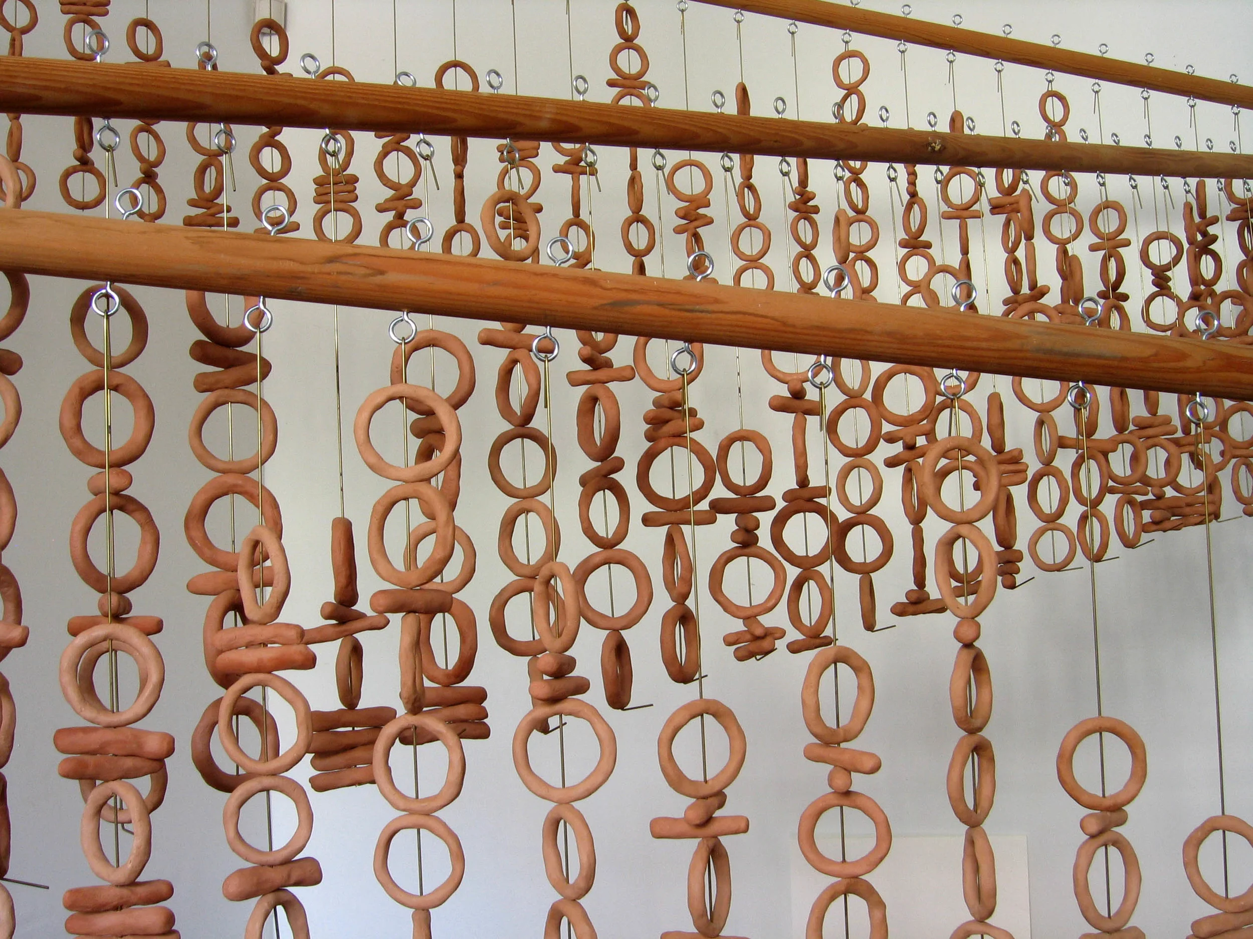"In the beginning was the Word..." (Binary Triptych), 2001, Clay, metal and wood, 1 1/2 x 6 feet, 1 1/2 x 7 feet, 1 1/2 x 8 feet (Detail)