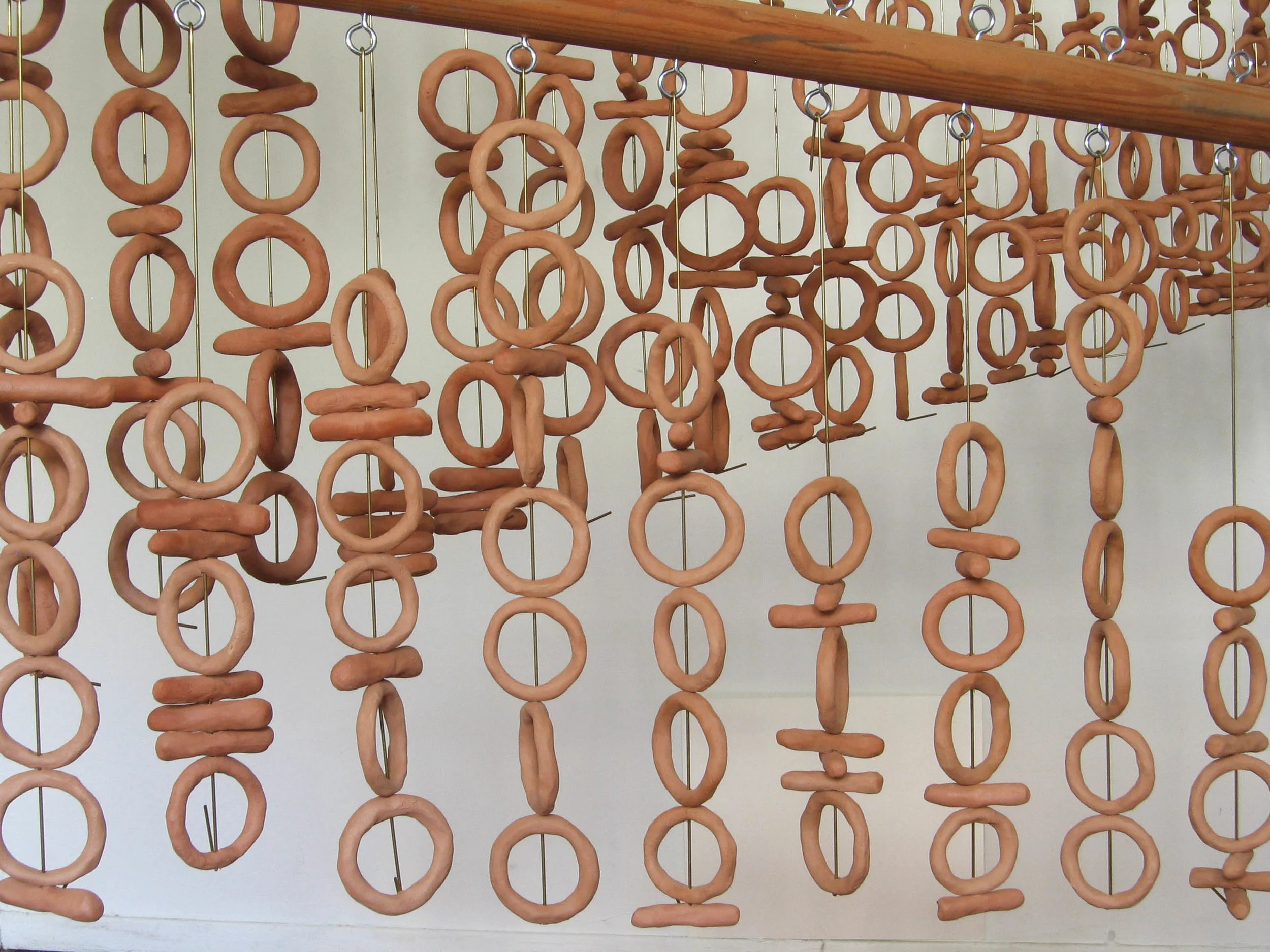 "In the beginning was the Word..." (Binary Triptych), 2001, Clay, metal and wood, 1 1/2 x 6 feet, 1 1/2 x 7 feet, 1 1/2 x 8 feet (Detail)