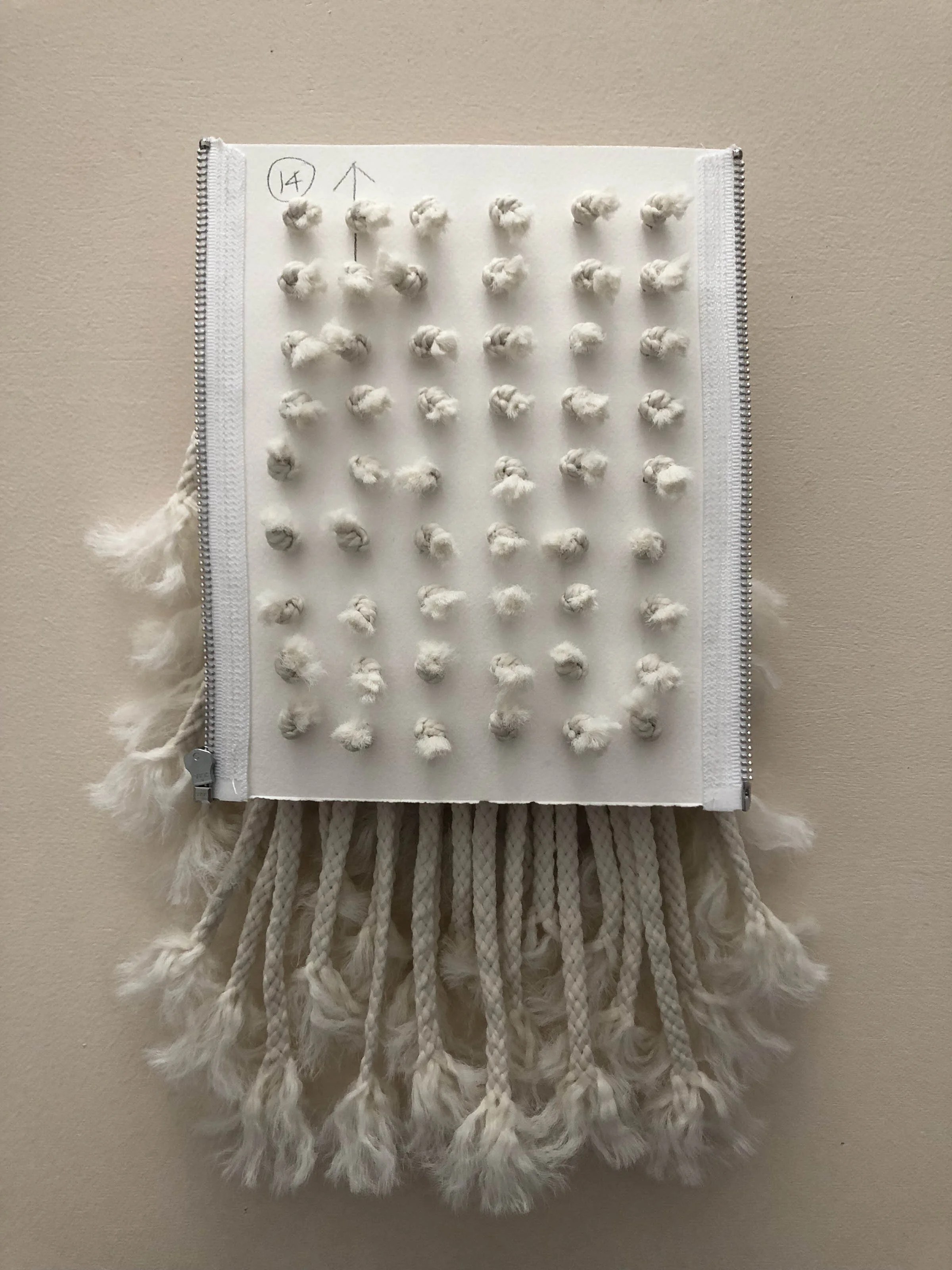 Untitled (Among Friends after Speakerboxx), back, 2019, Polypropylene cord on handmade acid-free paper with zipper, 7” x 9”