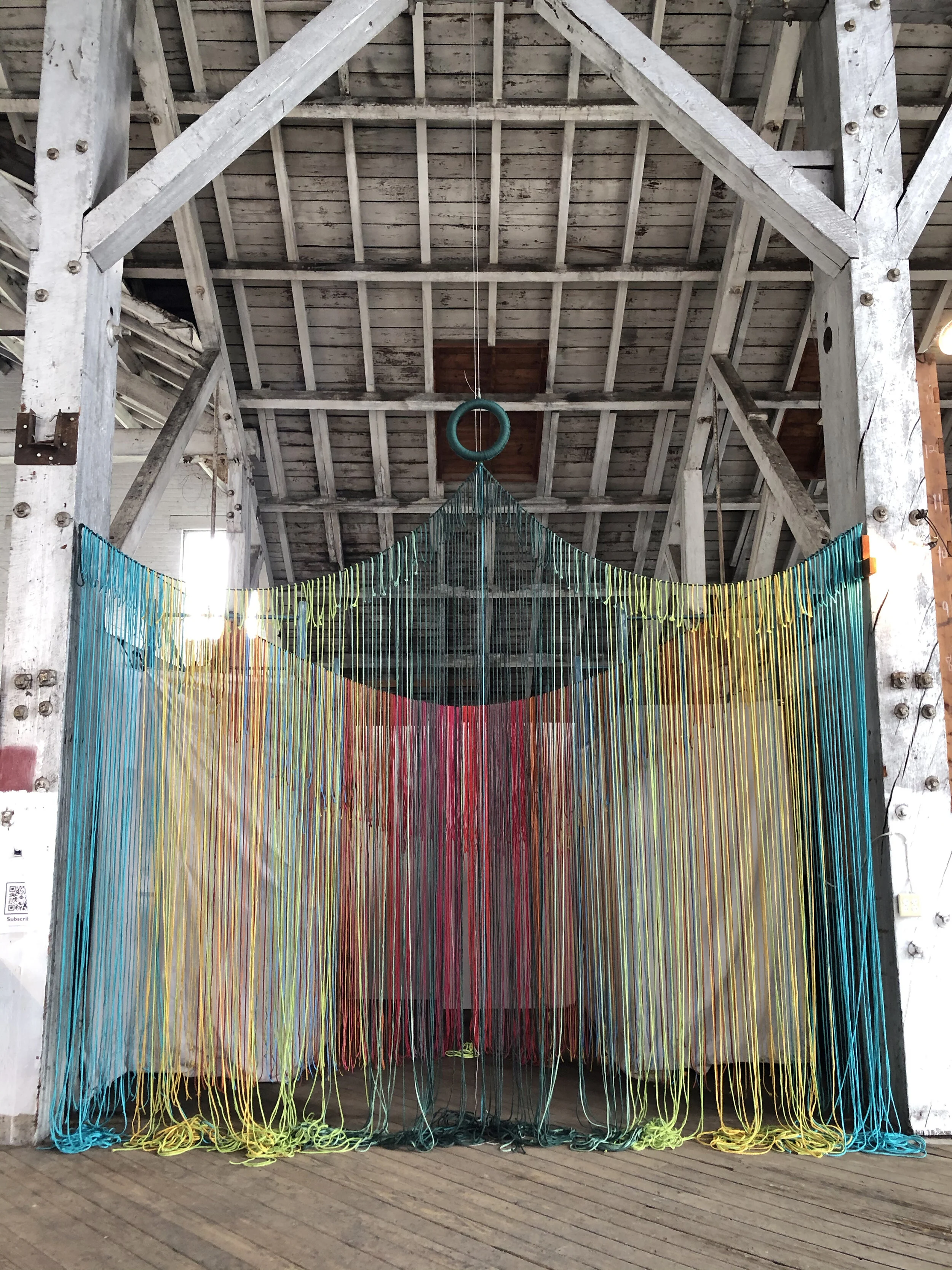 Twin Twain, 2021, 6mm polypropylene macrame fiber, Installation approximately 15' x 15' x 12'