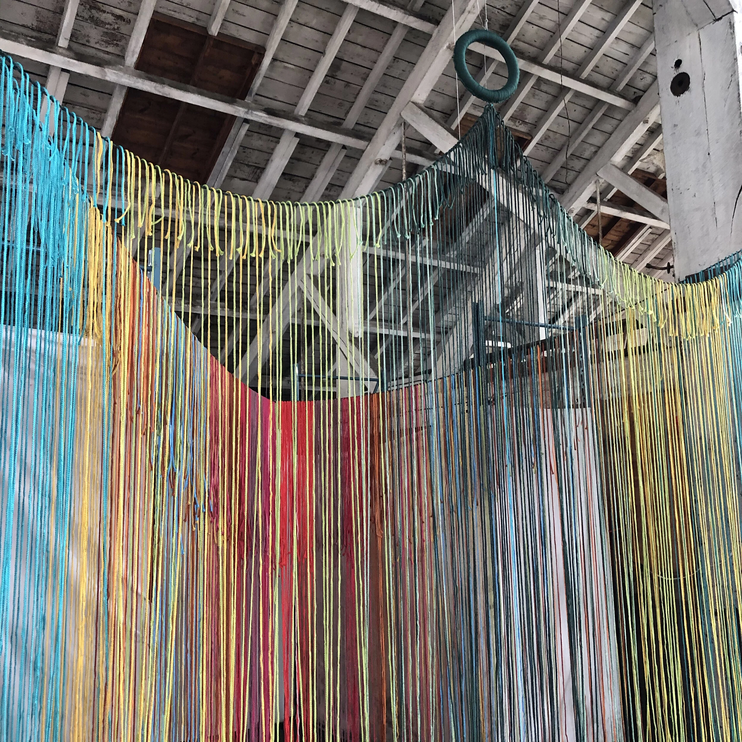 Twin Twain, 2021, 6mm polypropylene macrame fiber, Installation approximately 15’ x 15’ x 12’