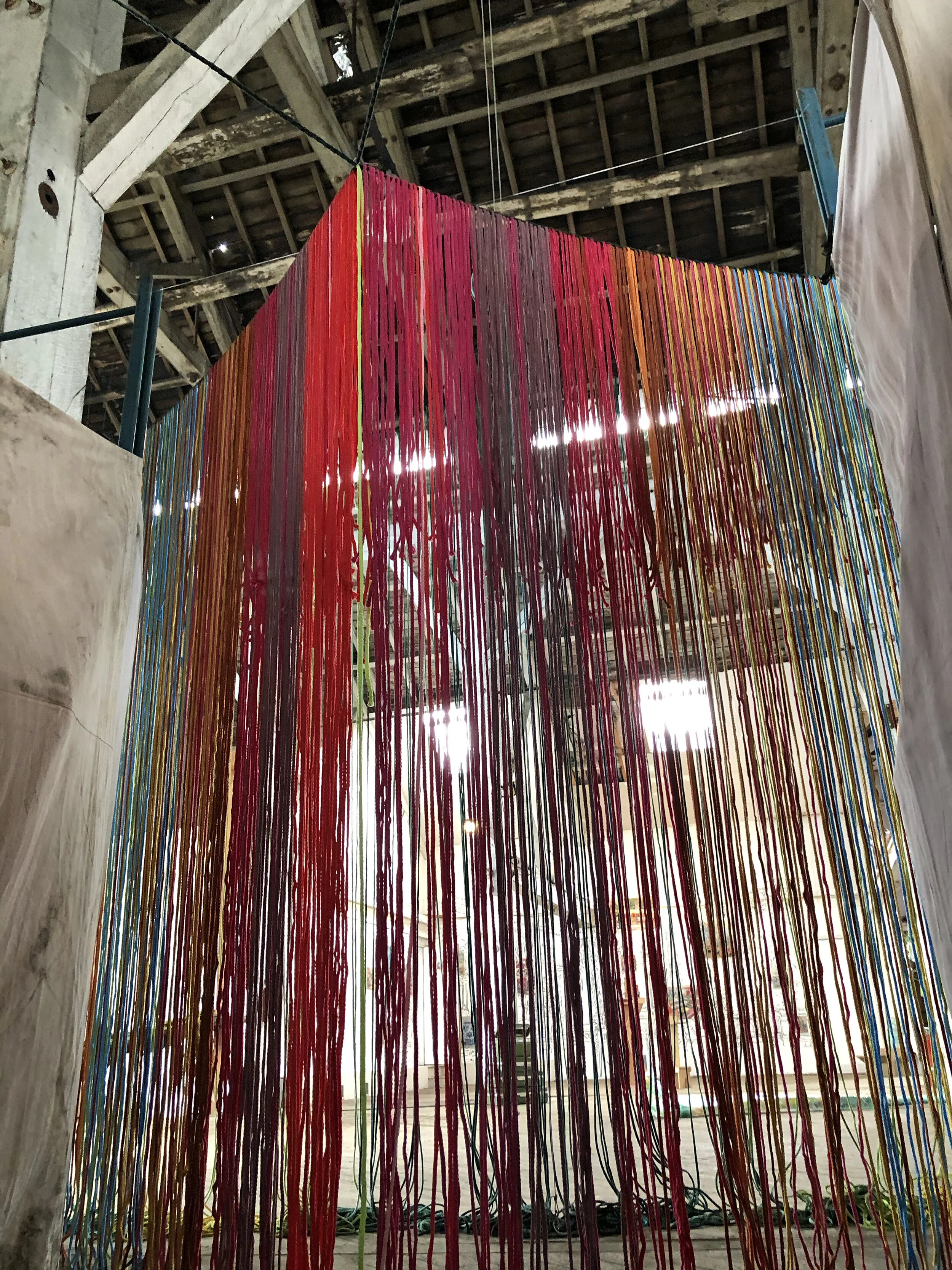 Twin Twain, 2021, 6mm polypropylene macrame fiber, Installation approximately 15’ x 15’ x 12’