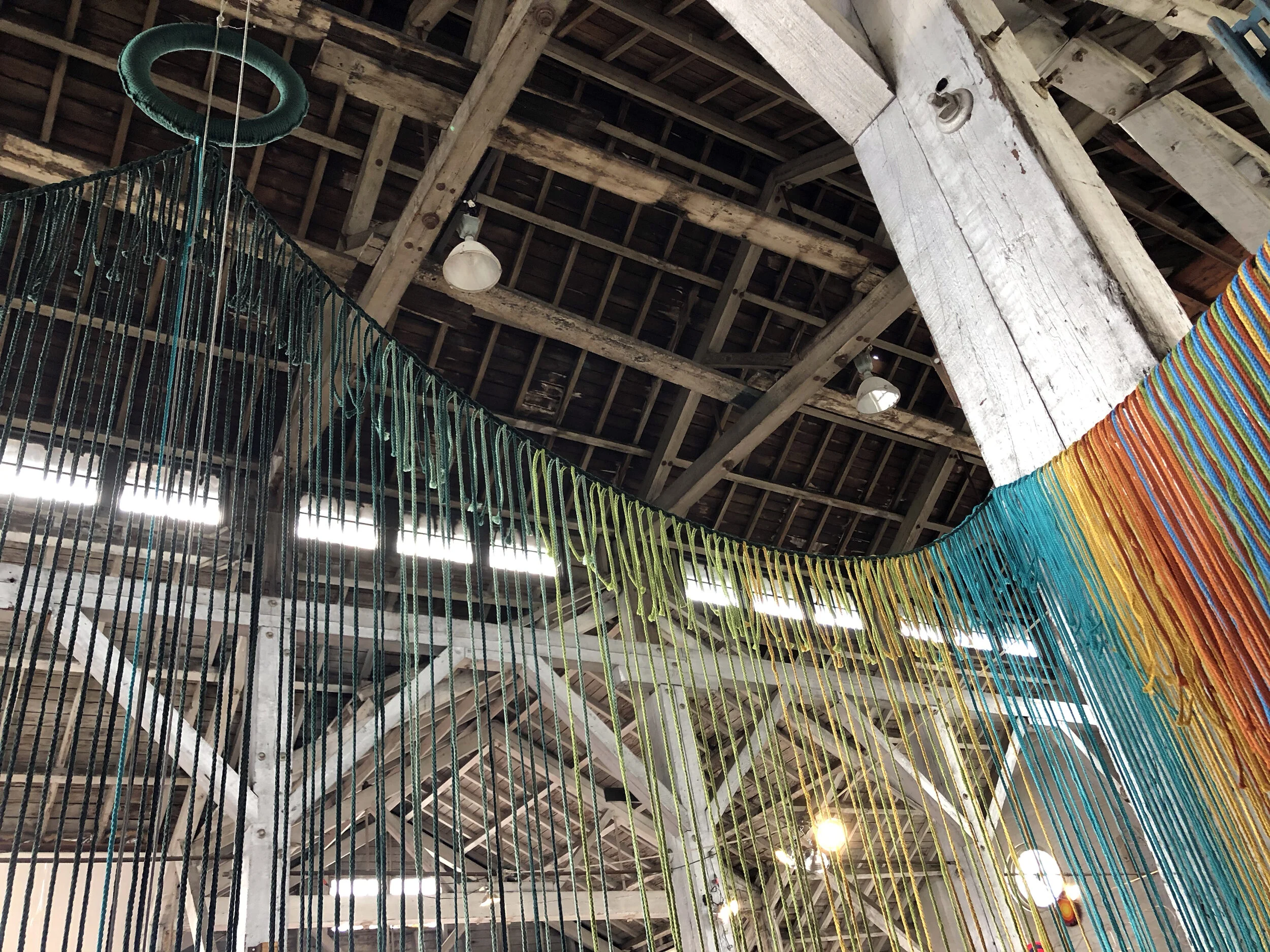 Twin Twain, 2021, 6mm polypropylene macrame fiber, Installation approximately 15’ x 15’ x 12’