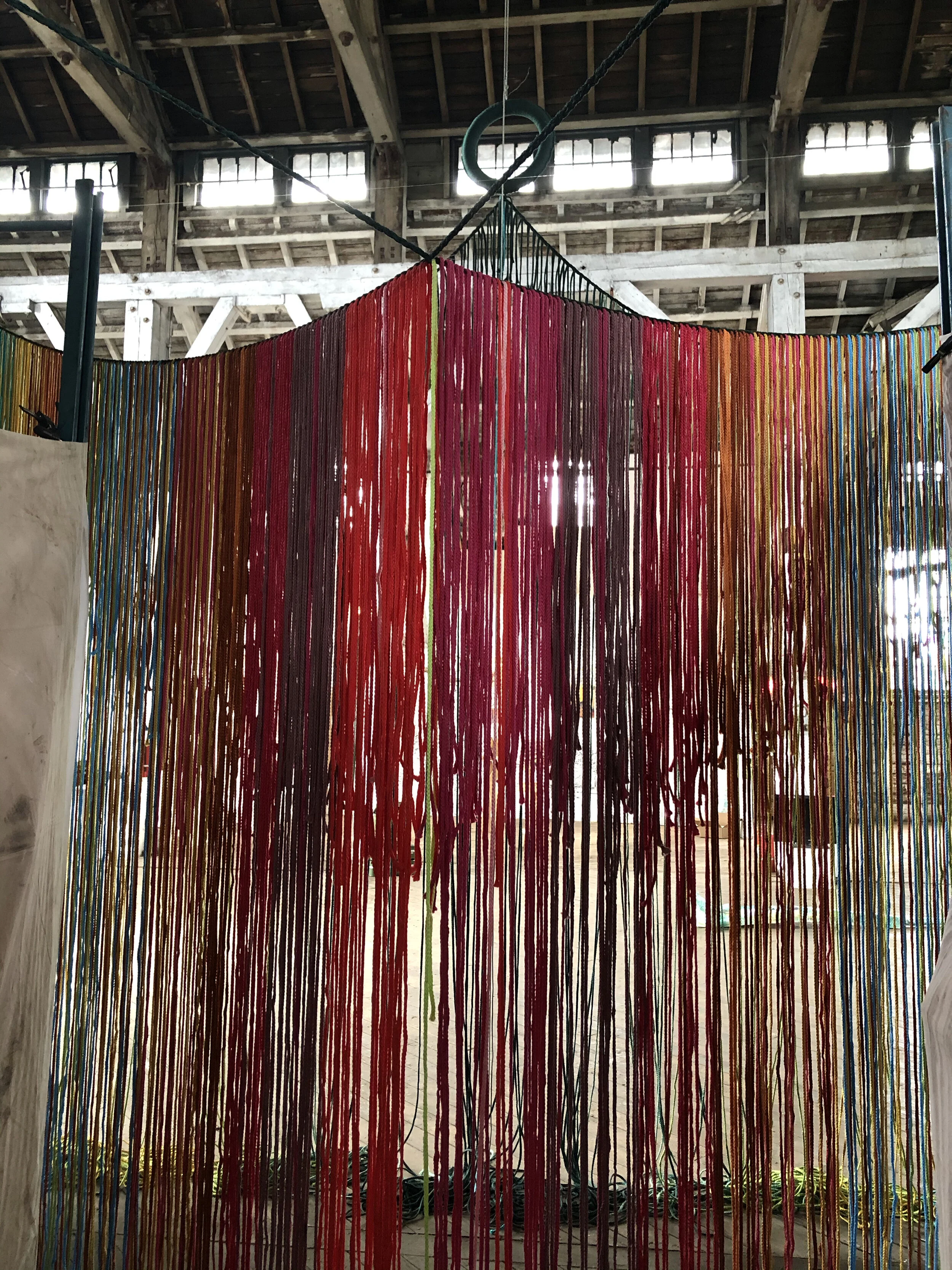 Twin Twain, 2021, 6mm polypropylene macrame fiber, Installation approximately 15’ x 15’ x 12’