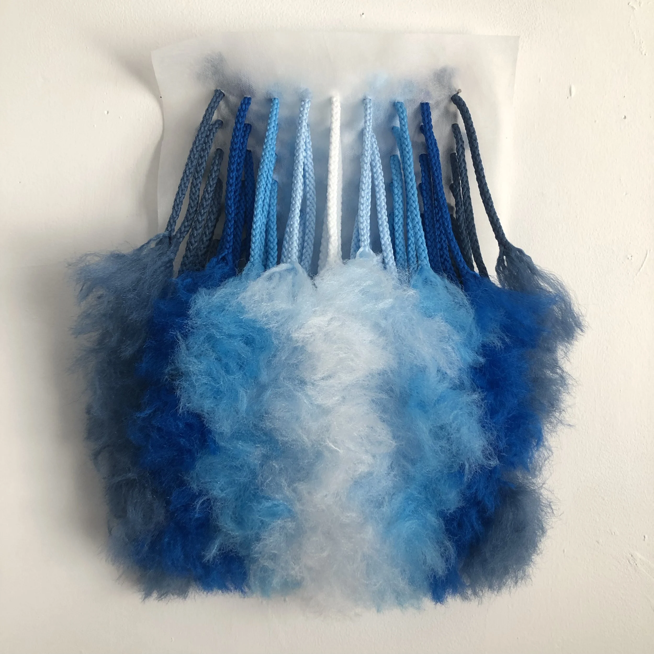 Blue Sheep, 2022, 6mm polypropylene macrame fiber on non-woven fabric, 12” x 18”