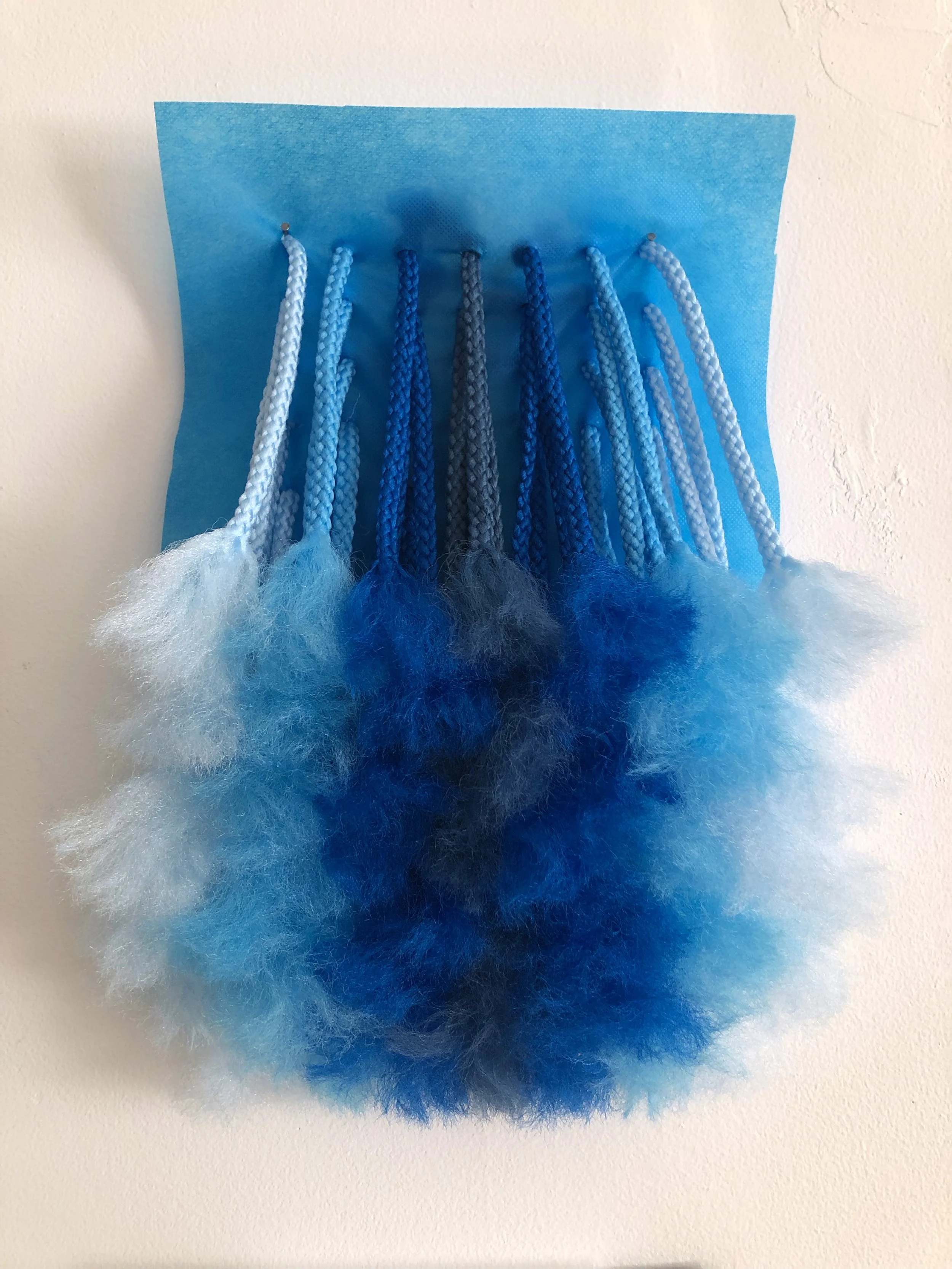 Small Blue Flock, 2022, Macrame and non-woven fiber, 10” x 15”