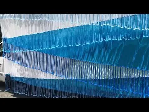 Blue Moves (detail), 2022, Non-Woven Fabric, 6mm Macrame Cord, Wood and Nails 16 feet x 10 feet,  Installation “Color Wheels: Upstate Arts Weekend,” Kerhonkson, NY