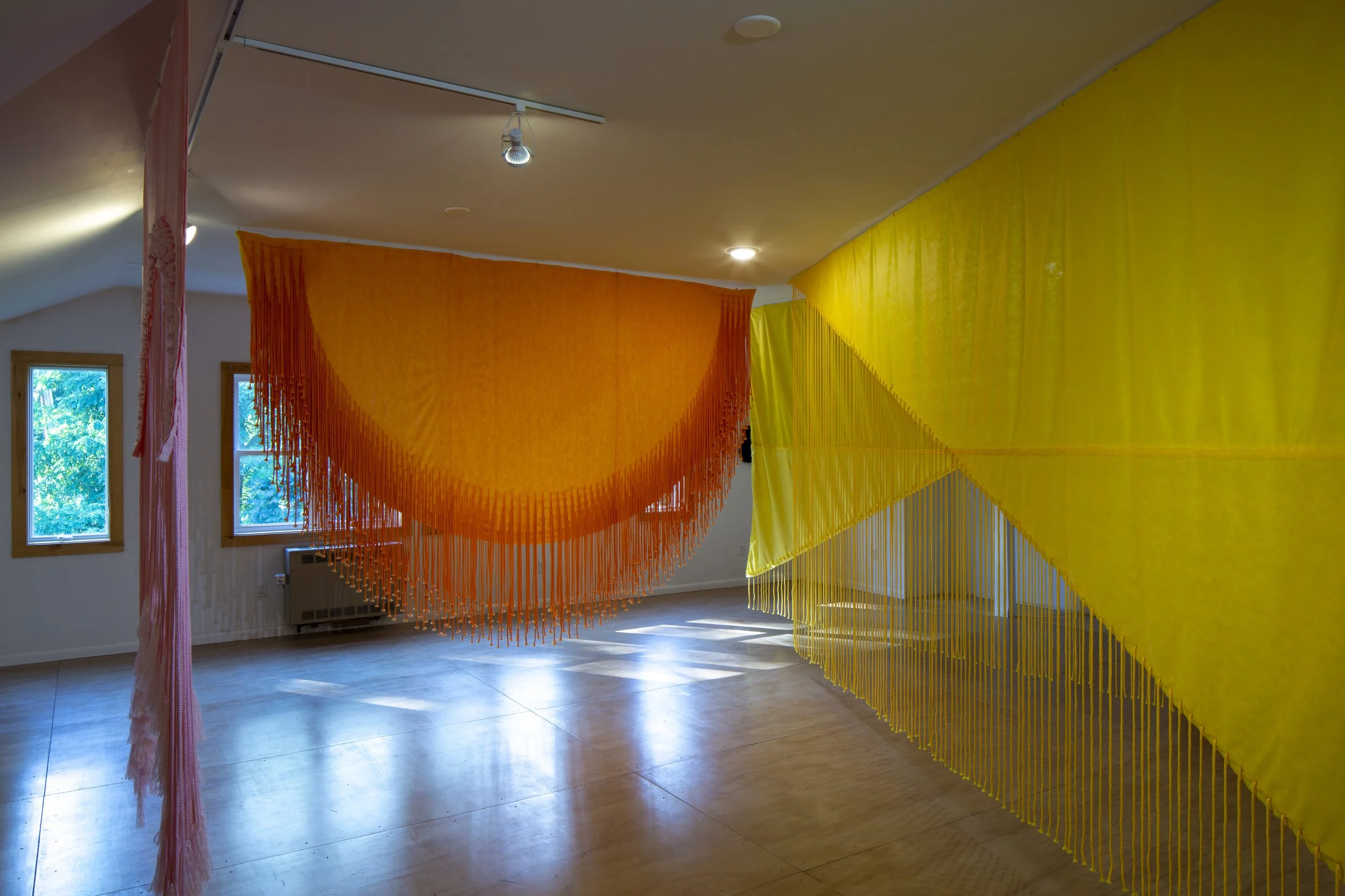 Installation (Upstate Arts Weekend — Blue Marble Arts) Left to right: PinkDoor--6'x8', Invisible Sun--12'x8', Yellow Angles Wings--2 pieces, 16’ x 8’, Macramé cord and non-woven fabric