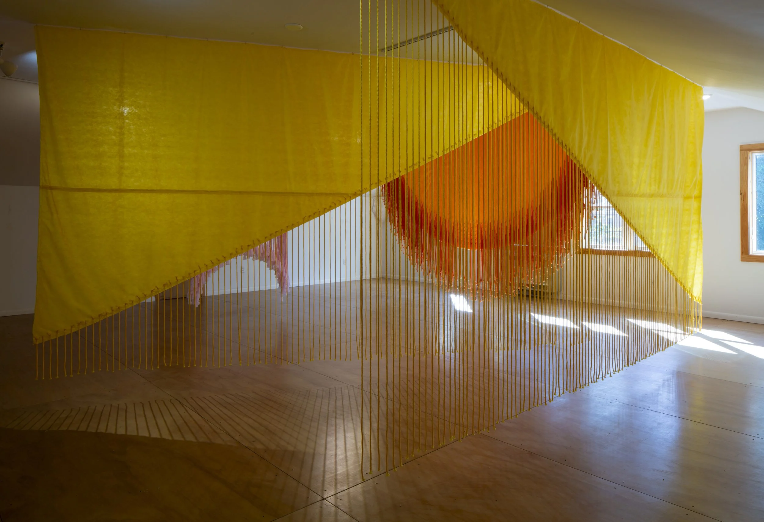 Installation (Upstate Arts Weekend — Blue Marble Arts) Left to right: PinkDoor--6'x8', Invisible Sun--12'x8', Yellow Angles Wings--2 pieces, 16’ x 8’, Macramé cord and non-woven fabric