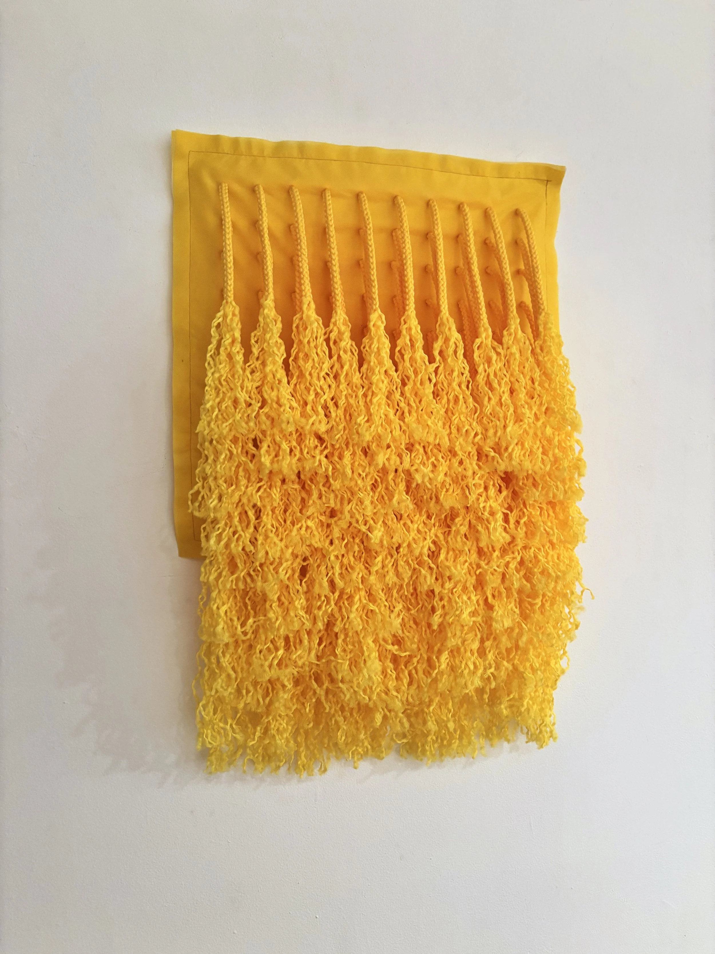 Yellow Fleece Square , 2025, Macramé and non-woven fiber, 16"x24"