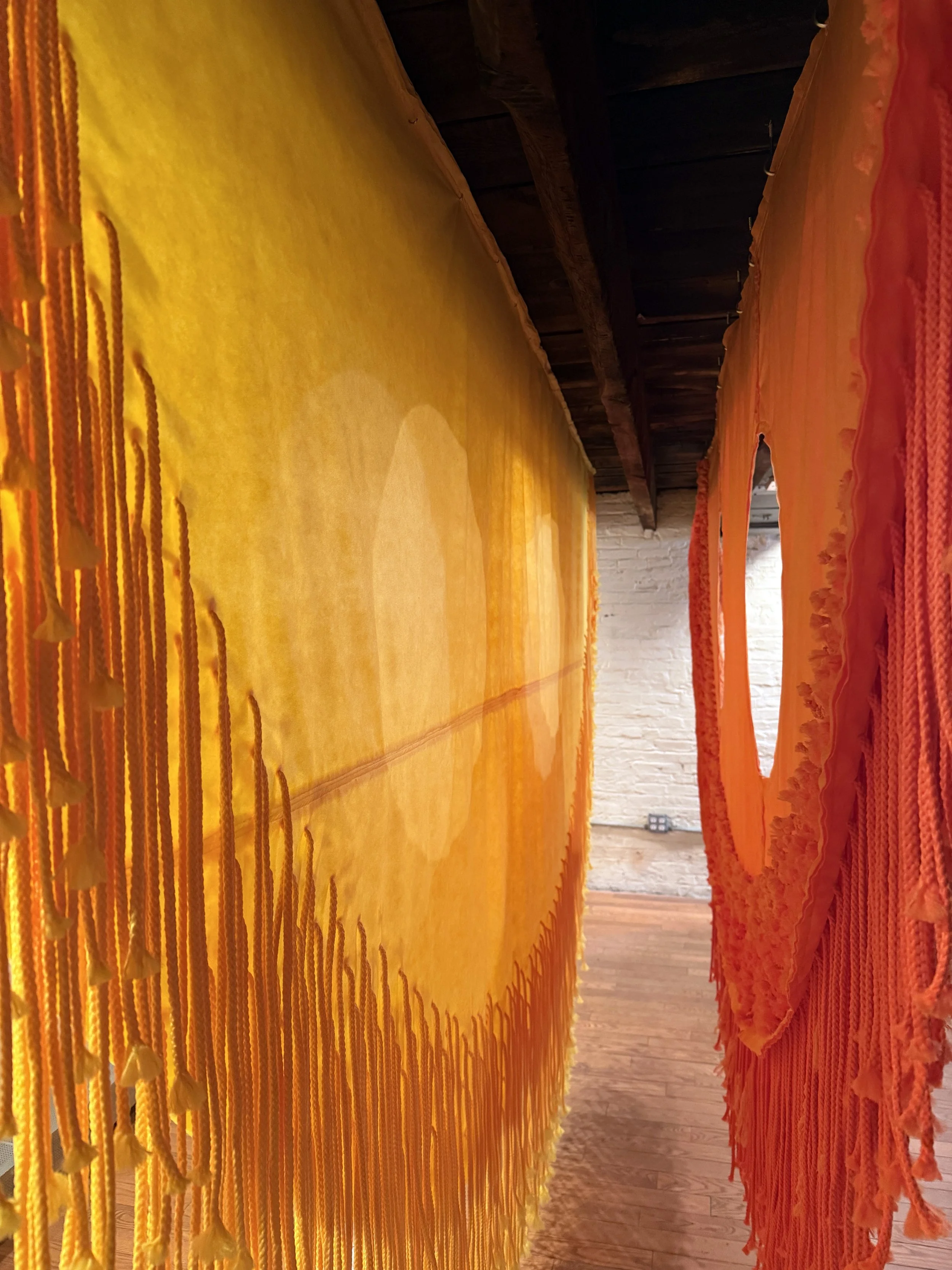 Never Sets (detail), 2025, Macremé and non woven fiber, 14’ x 7’ x 3’ (installation)