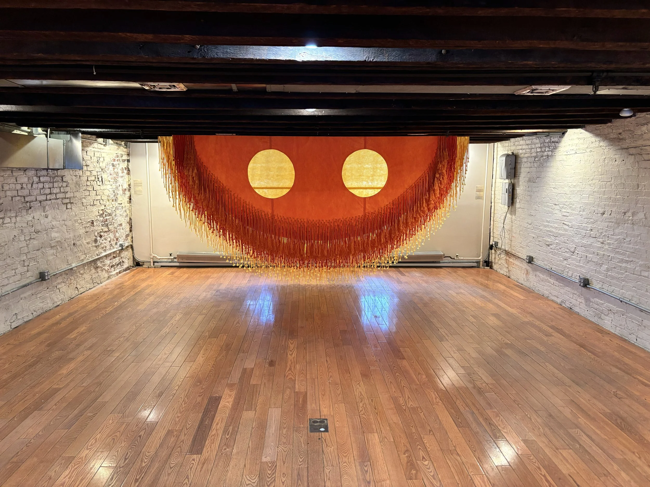 Never Sets, 2025, Macremé and non woven fiber, 14’ x 7’ x 3’ (installation)