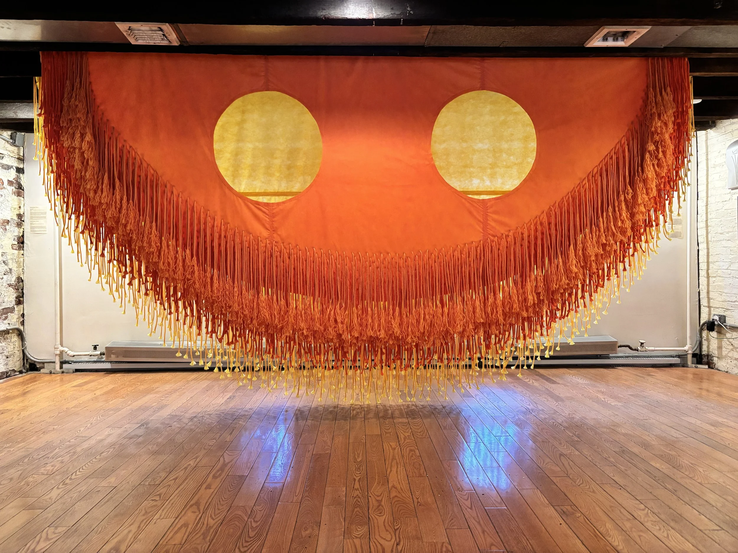 Never Sets, 2025, Macremé and non woven fiber 14’ x 7’ x 3’, (installation)