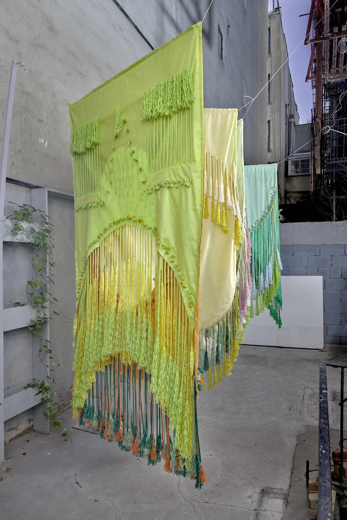 The Monocots, 2024, Non-woven and macramé fiber, Installation in four parts, each approximately 48” x 84” (2 sided); Left to right: Wheat/Milo, Corn/Onion, Pampas/Orchid, Iris/Palm 