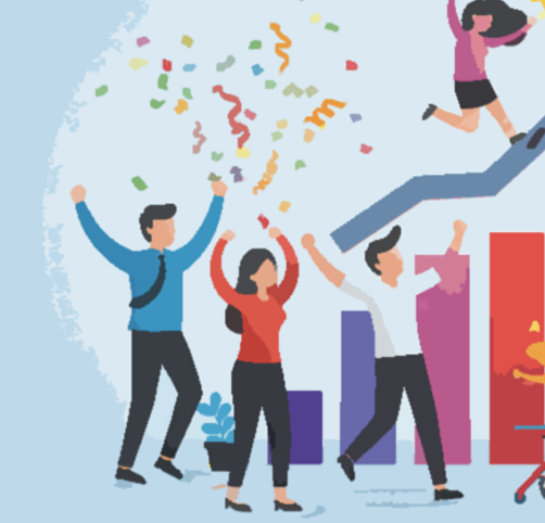 Four people celebrating success with confetti and a rising chart in the background, while a woman jumps from the top of the graph.