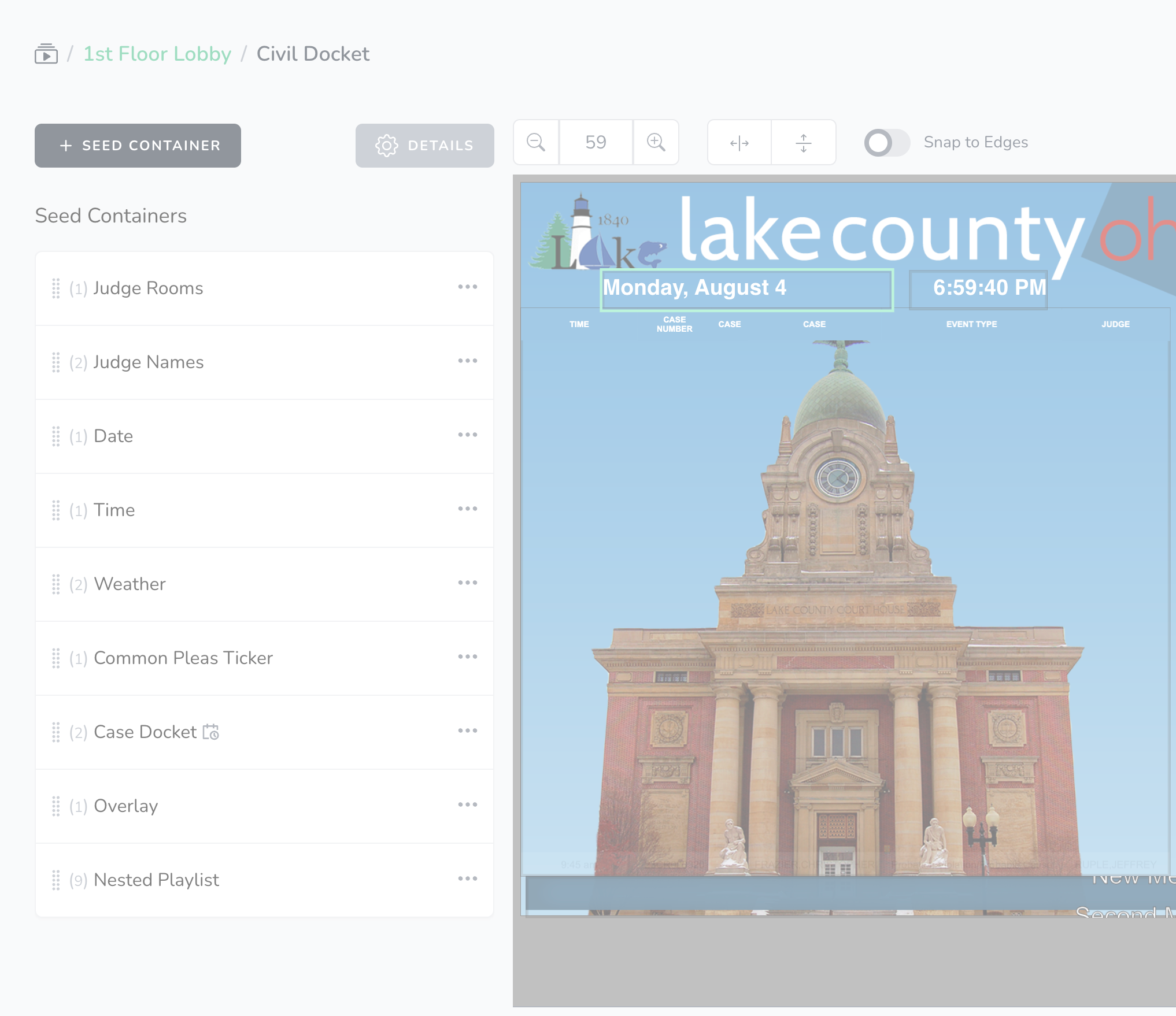 Screenseed Screen Builder Container list. Image of a courthouse building with a clock tower, part of Lake County, with a blue sky background.