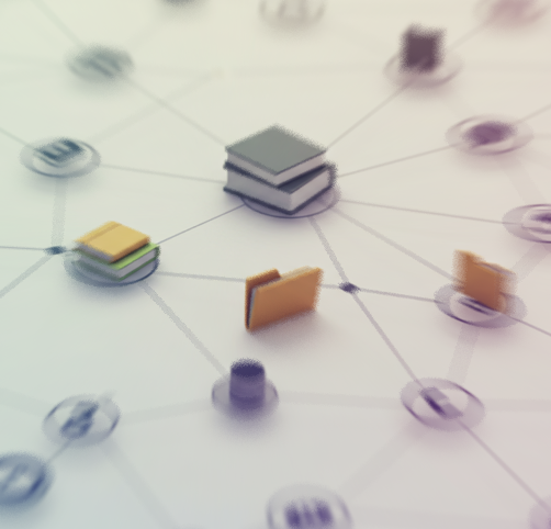 A diagram with interconnected icons, including folders and books, on a white background.