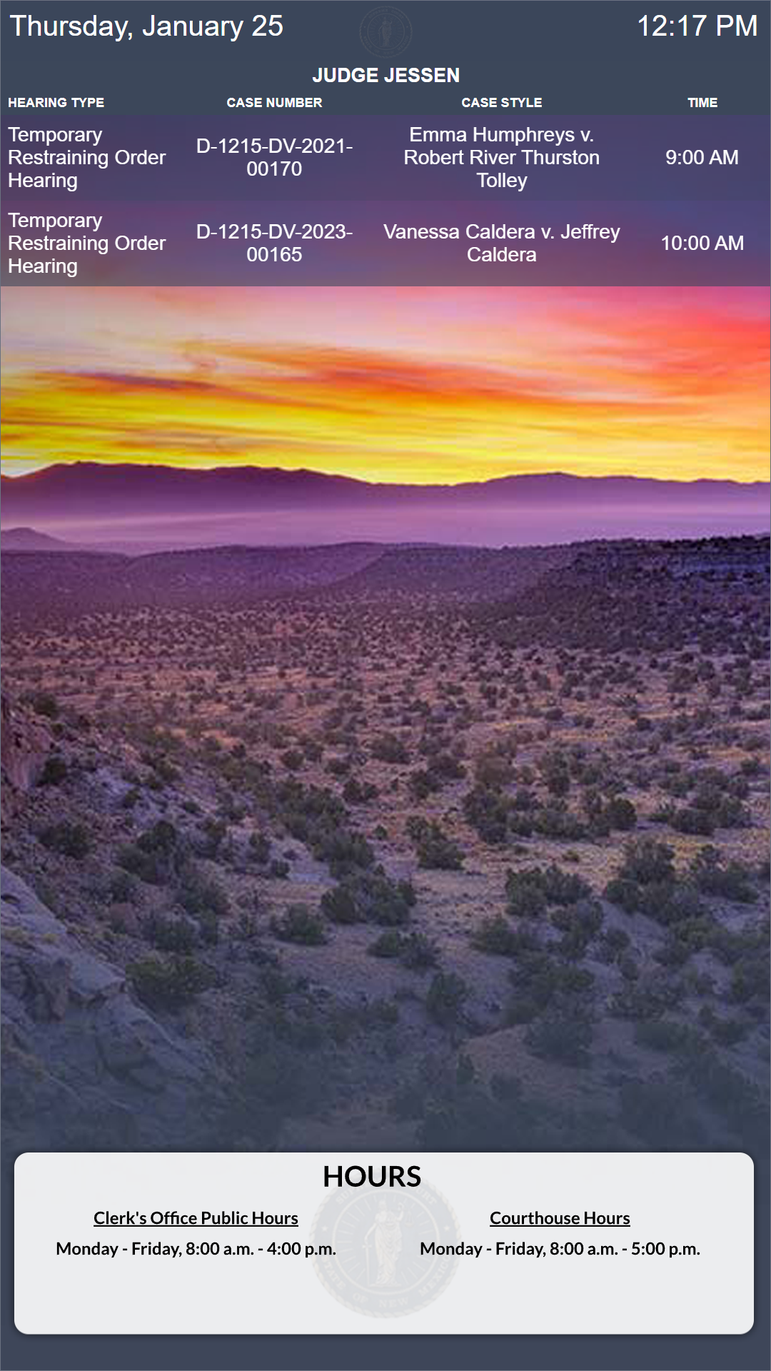 Calendar display showing court schedule with two hearings in the morning, over a desert landscape with purple mountains and a colorful sunset sky.