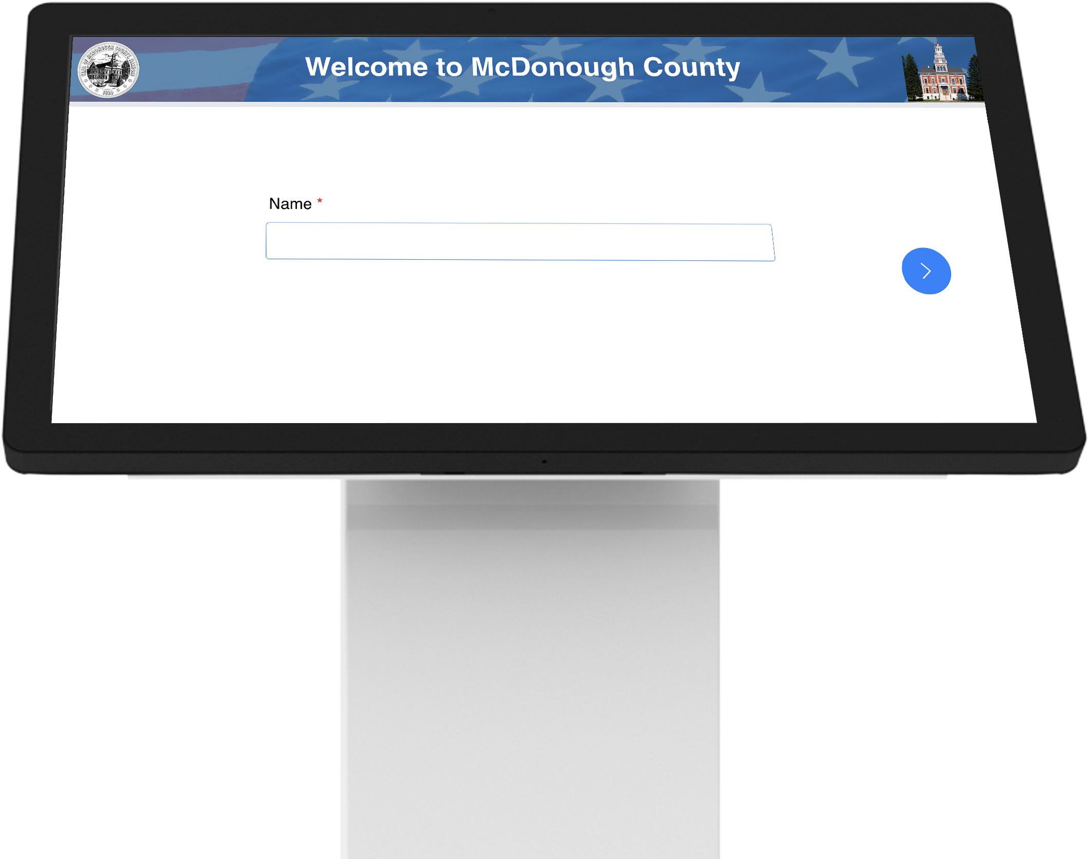 Digital kiosk with a screen displaying a welcoming form for McDonough County, featuring a header and a text box for entering a name.