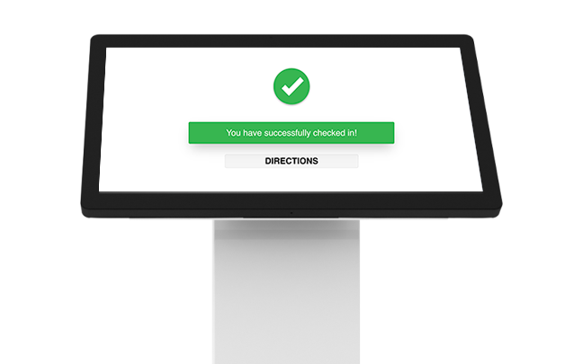 Digital kiosk screen displaying a green check mark and message 'You have successfully checked in!' with a 'DIRECTIONS' button below.
