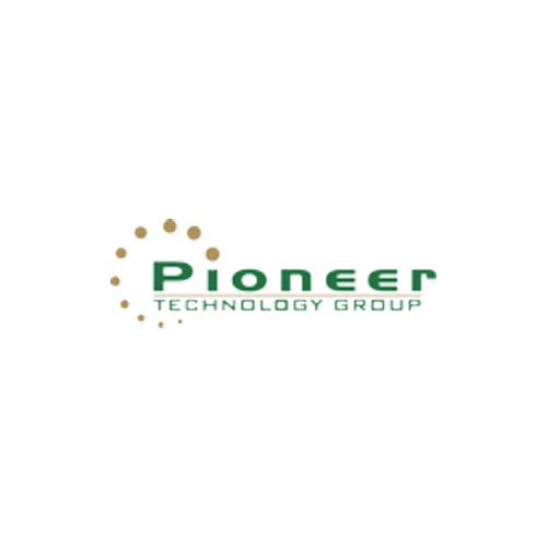 Pioneer Technology Group logo with green text and gold dots forming a circle