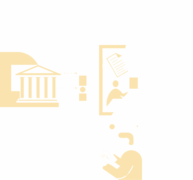 Illustration of a legal process: a courthouse on the left connected by arrows to a person reviewing documents on the right, and below that, a person with a speech bubble holding a device, indicating communication or decision-making.