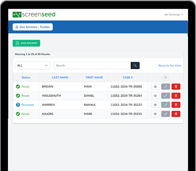 Court Coordinator Concierge account in ScreenSeed software dashboard displaying patient records with name, case number, and status, including options to view, edit, or delete each record.