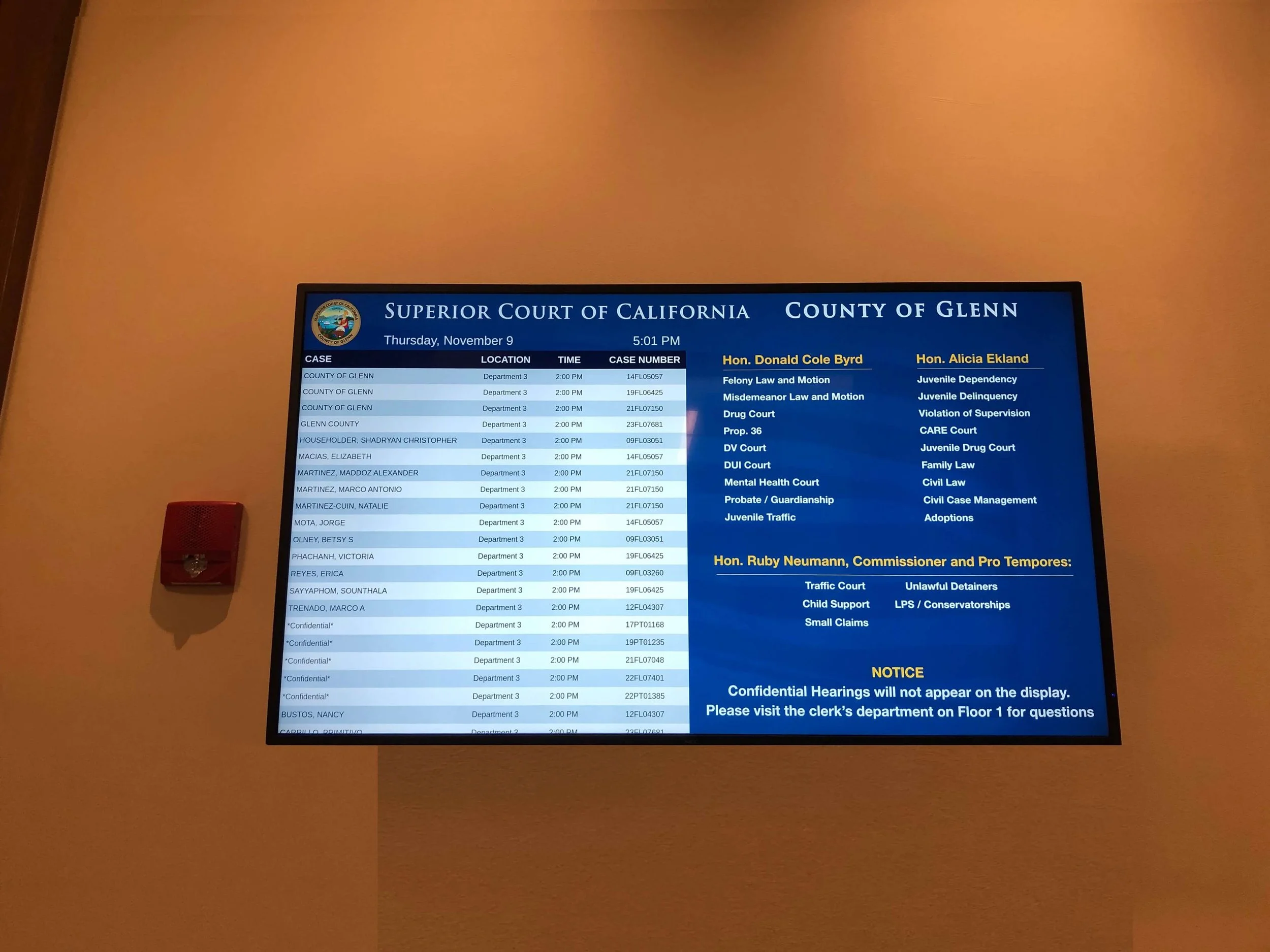 Superior Court docket digital signage. Directory of Judges. Important notice message posted on digital signage. California Courts.
